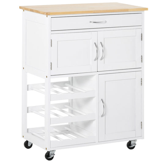 HOMCOM Carro de Cocina Carrito Auxiliar con Ruedas Cajón 2 Armarios de Almacenaje y 3 Estantes Abiertos de 9 Botellas para Comedor Restaurante 67x37x87 cm Blanco