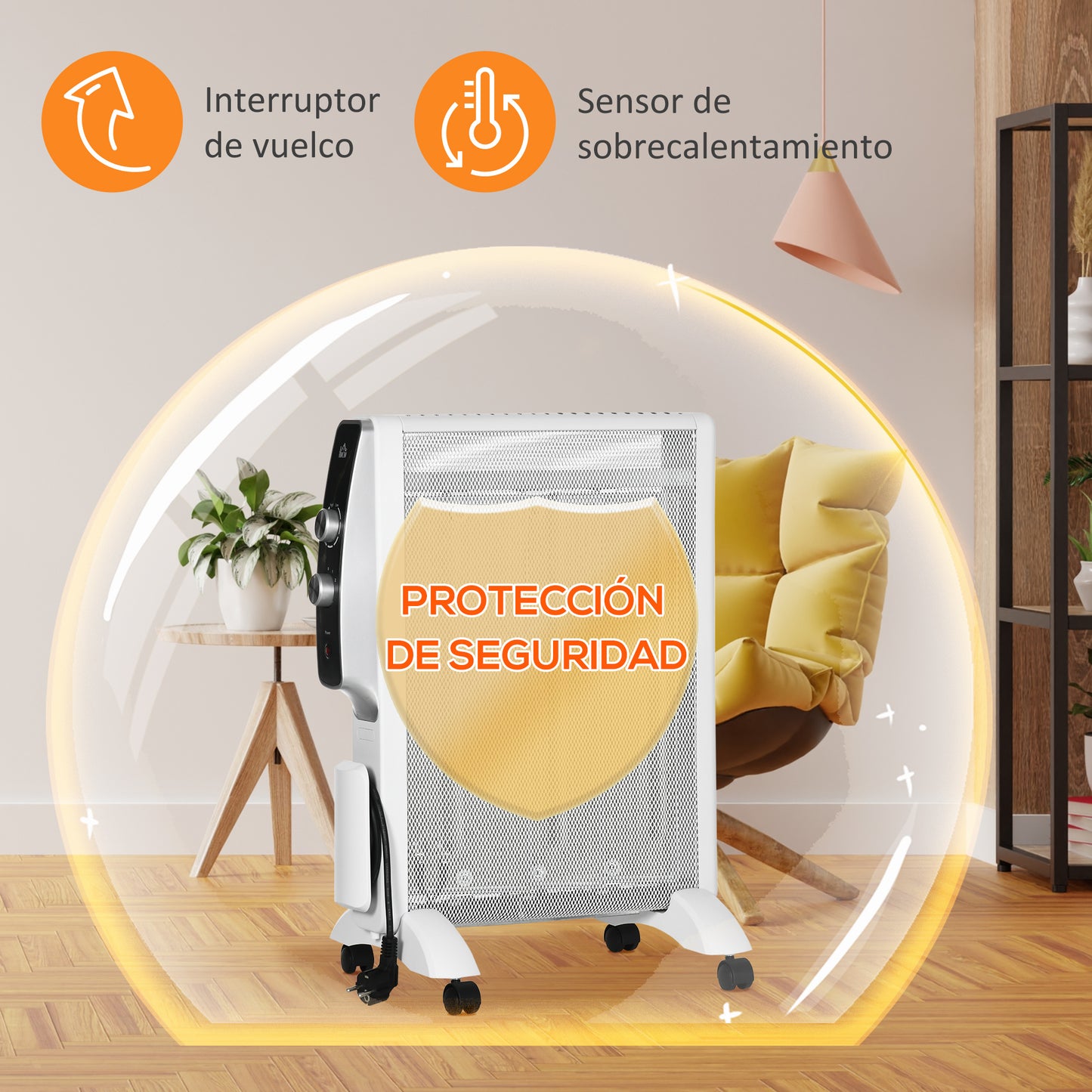 HOMCOM Calefactor Eléctrico 1000W/1500W Radiador de Mica con 2 Niveles de Potencia Termostato Regulable y 4 Ruedas para Sala de 15-18 m² Silencioso 47x26,5x61,5 cm Blanco