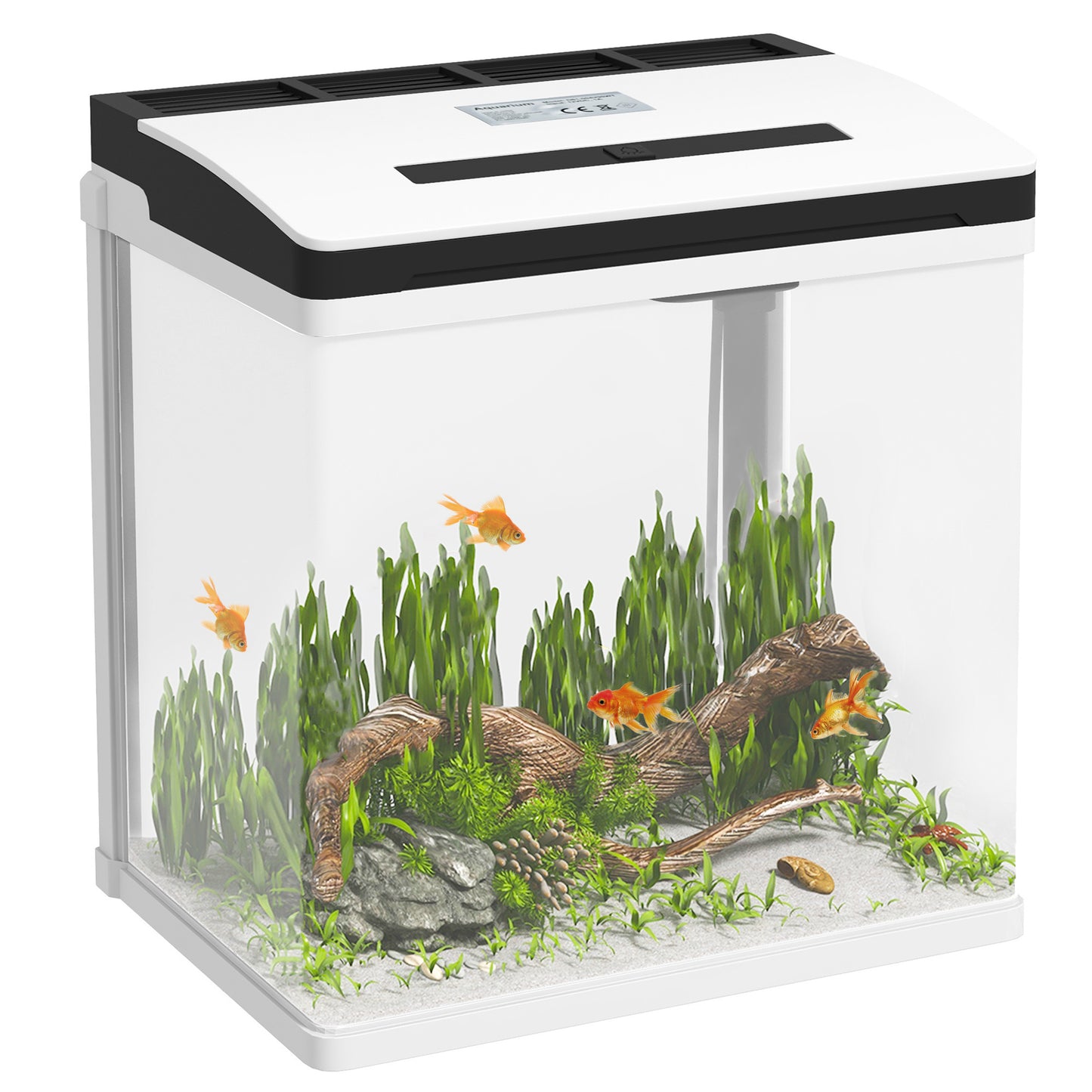 PawHut Acuario de Cristal de 13L Pecera Pequeña con Sistema de Filtro Iluminación LED Bomba de Agua 29x20x30,5 cm Blanco