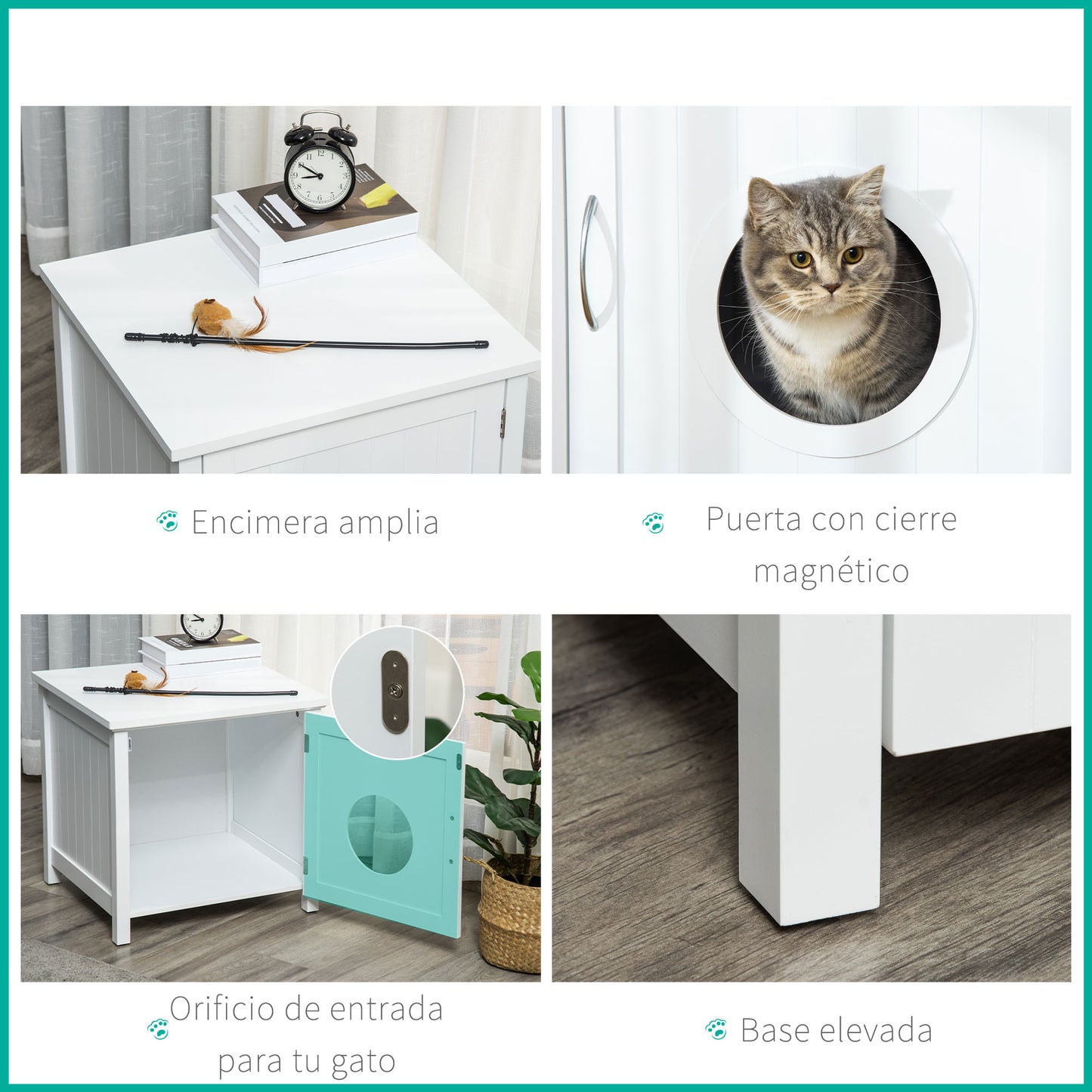 PawHut Casa para Gatos de Madera Mueble Arenero para Gatos 2 en 1 con Armario de Almacenaje Encimera Amplio Puerta con Orificio de Entrada 51,5x48,2x51 cm Blanco