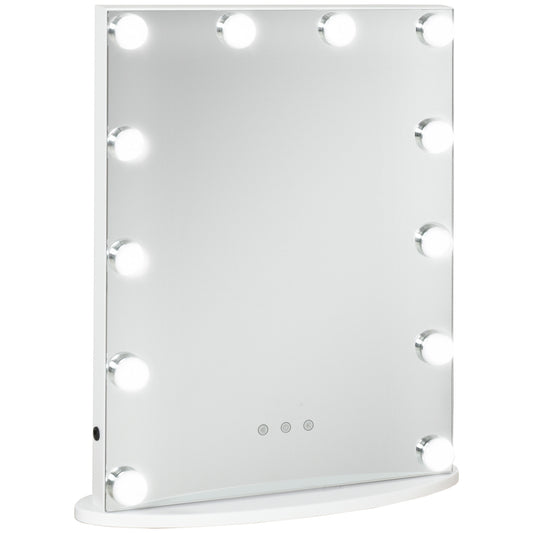 HOMCOM Espejo de Maquillaje Estilo Hollywood Espejo de Tocador con 12 Luces LED Ajustables en Brillo y Temperaturas de Color Interruptor Táctil 41,5x13,5x51 cm Blanco