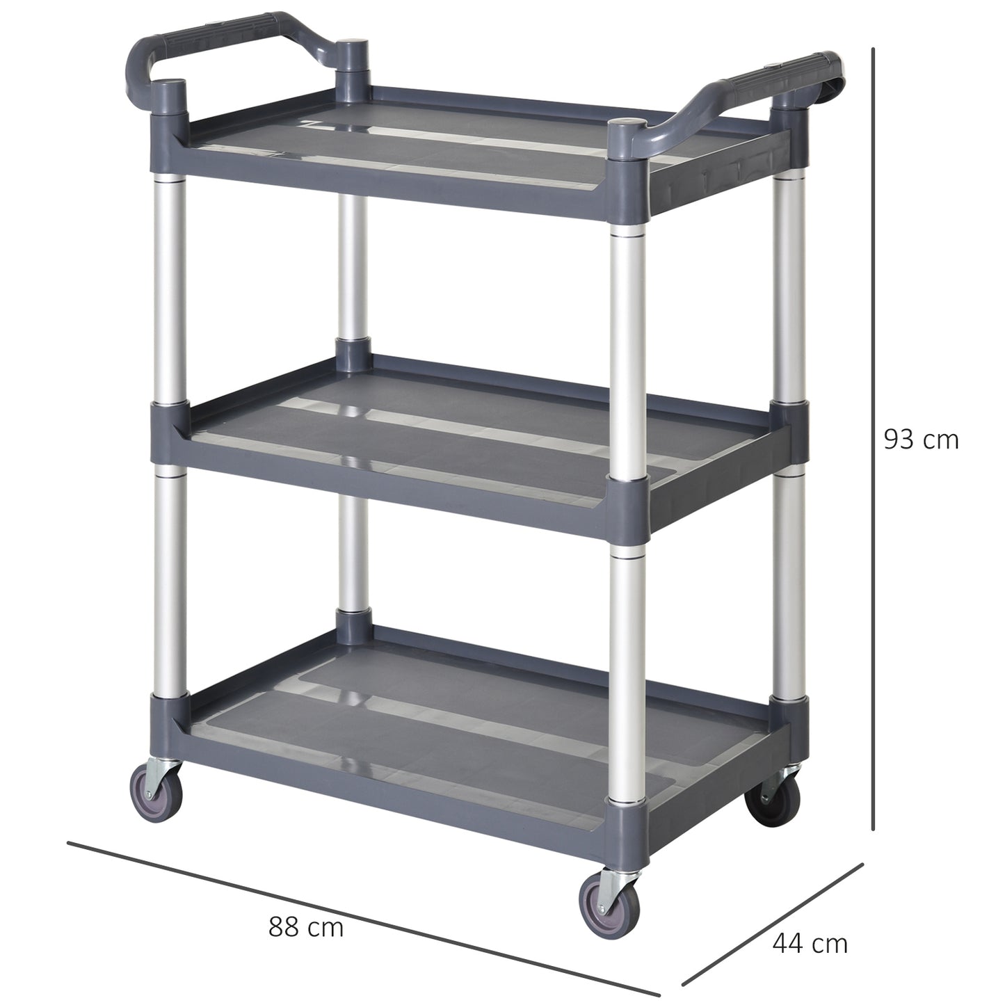 HOMCOM Carrito Auxiliar con Ruedas de Aleación de Aluminio Carrito de Cocina de 3 Niveles Carrito de Almacenamiento Carga 105 kg para Comedor Sala Baño 88x44x93 cm Gris