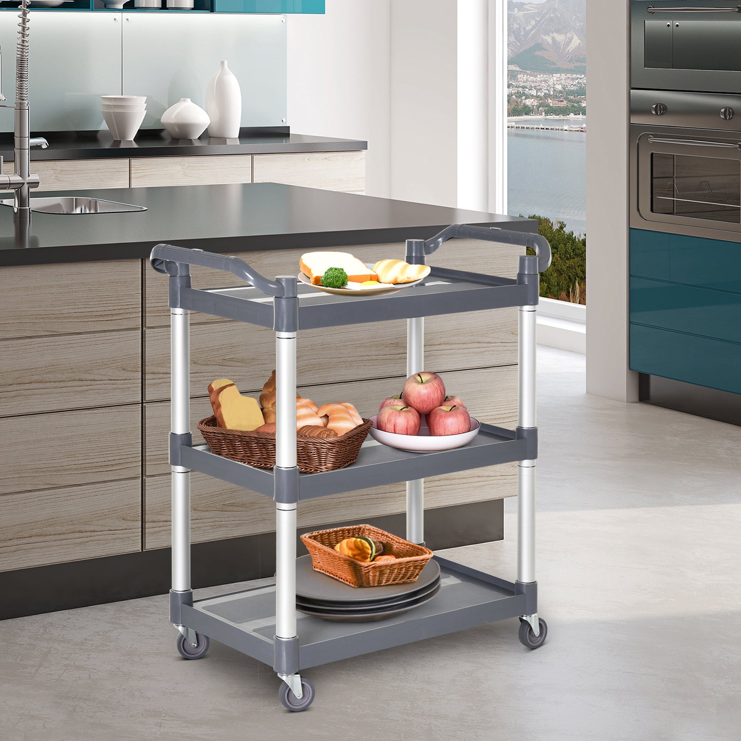 HOMCOM Carrito Auxiliar con Ruedas de Aleación de Aluminio Carrito de Cocina de 3 Niveles Carrito de Almacenamiento Carga 105 kg para Comedor Sala Baño 88x44x93 cm Gris