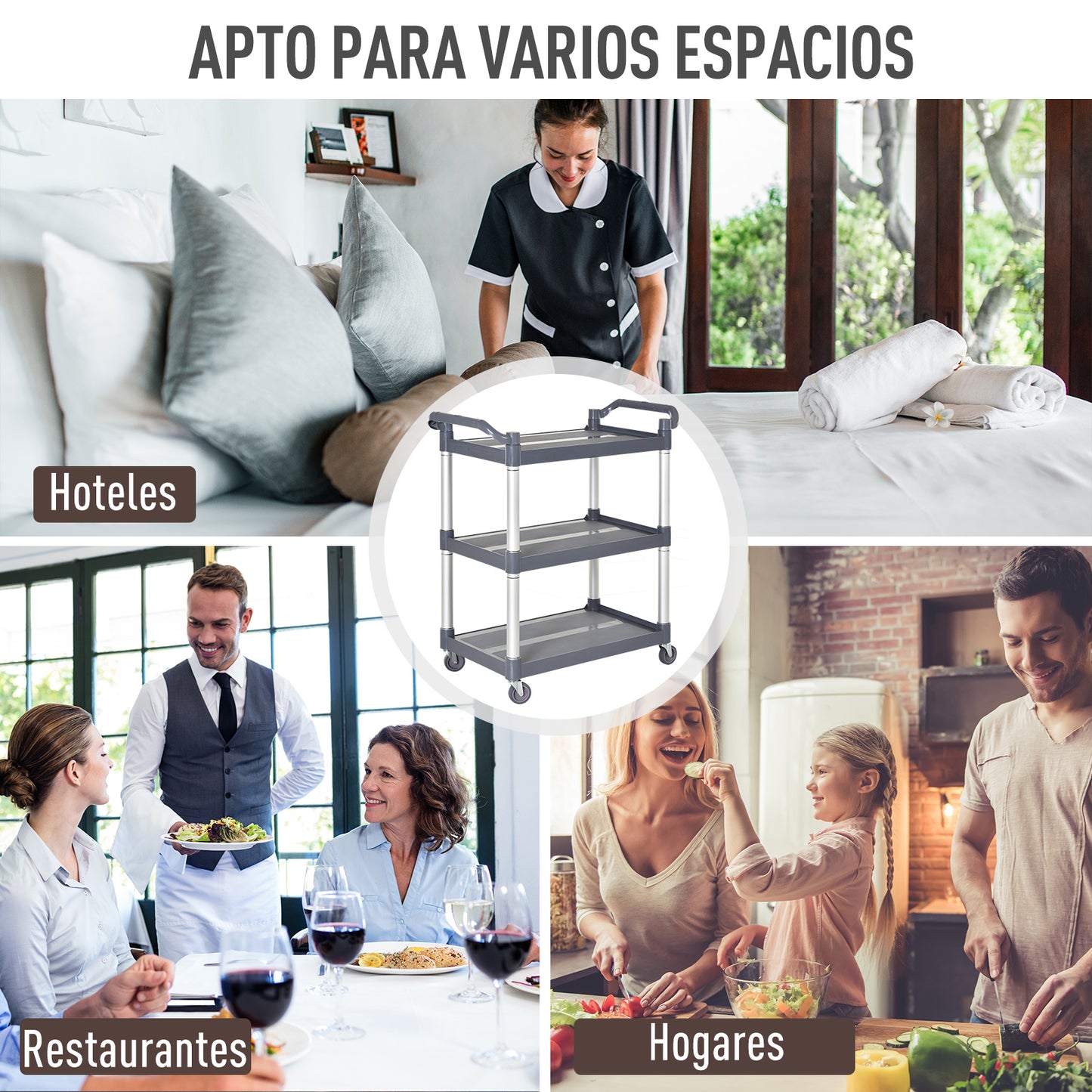 HOMCOM Carrito Auxiliar con Ruedas de Aleación de Aluminio Carrito de Cocina de 3 Niveles Carrito de Almacenamiento Carga 105 kg para Comedor Sala Baño 88x44x93 cm Gris