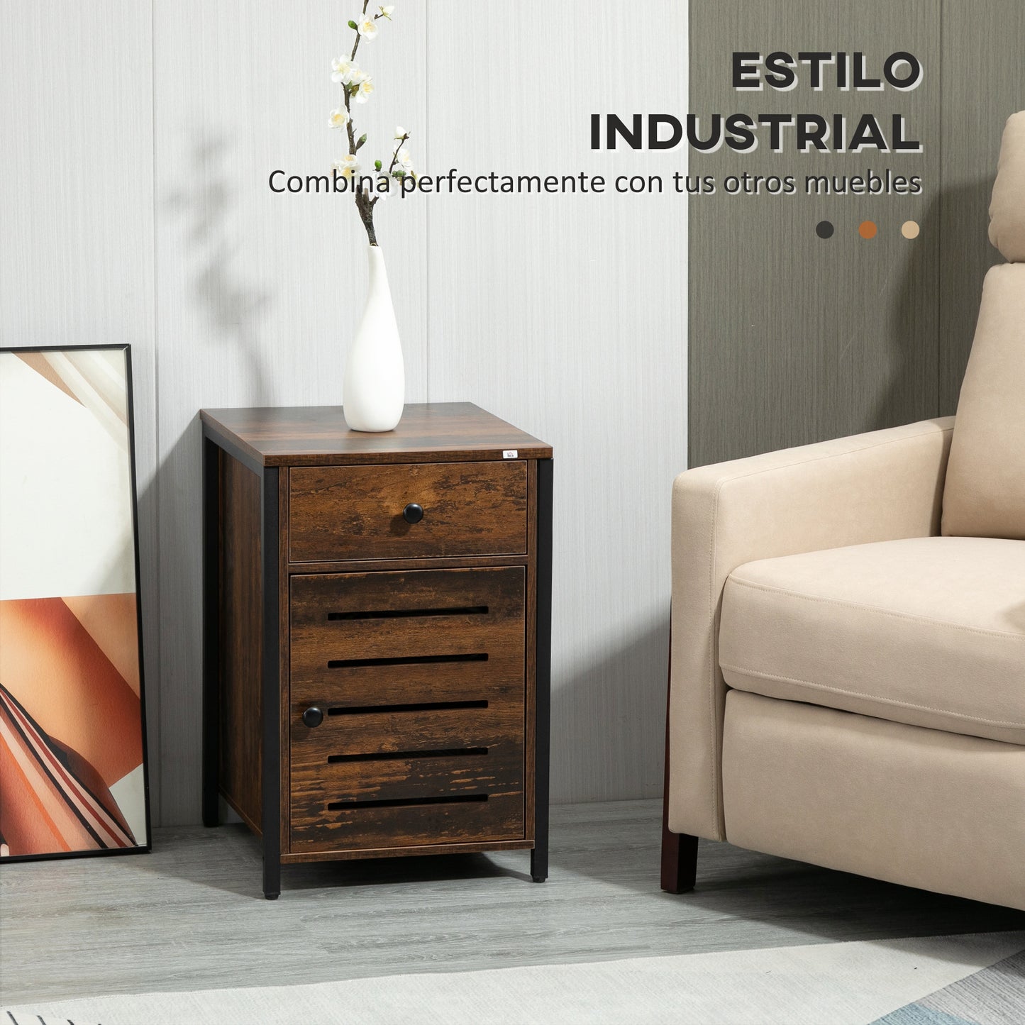 HOMCOM Mesilla de Noche con 1 Cajón y 1 Puerta Mesa Auxiliar para Salón Dormitorio Estudio Oficina Estilo Industrial 40x40x60 cm Marrón