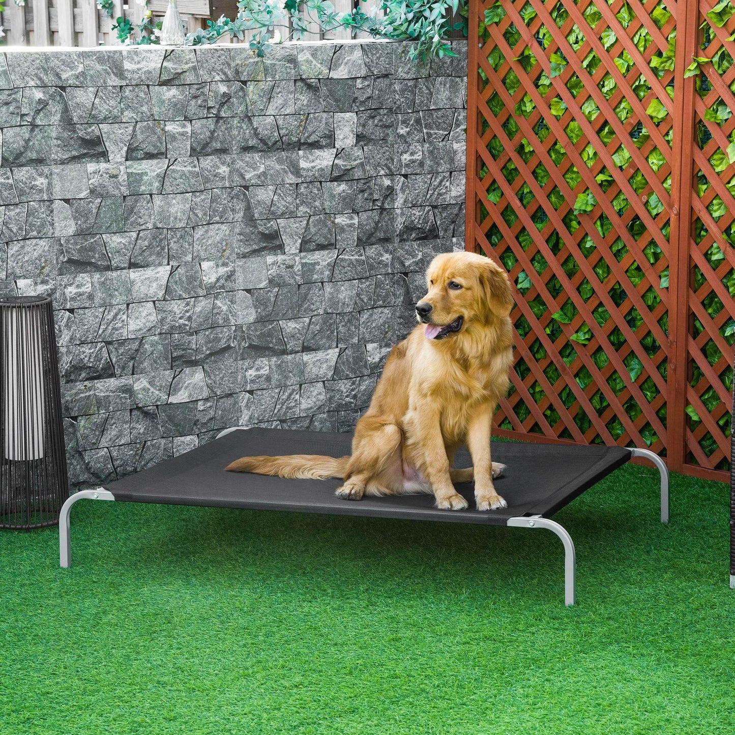 PawHut Cama Elevada para Perros Gatos Transpirable Cama Mascotas 130x90x20 cm para Dormir Relajar con Marco de Acero para Interiores Exterior Negro