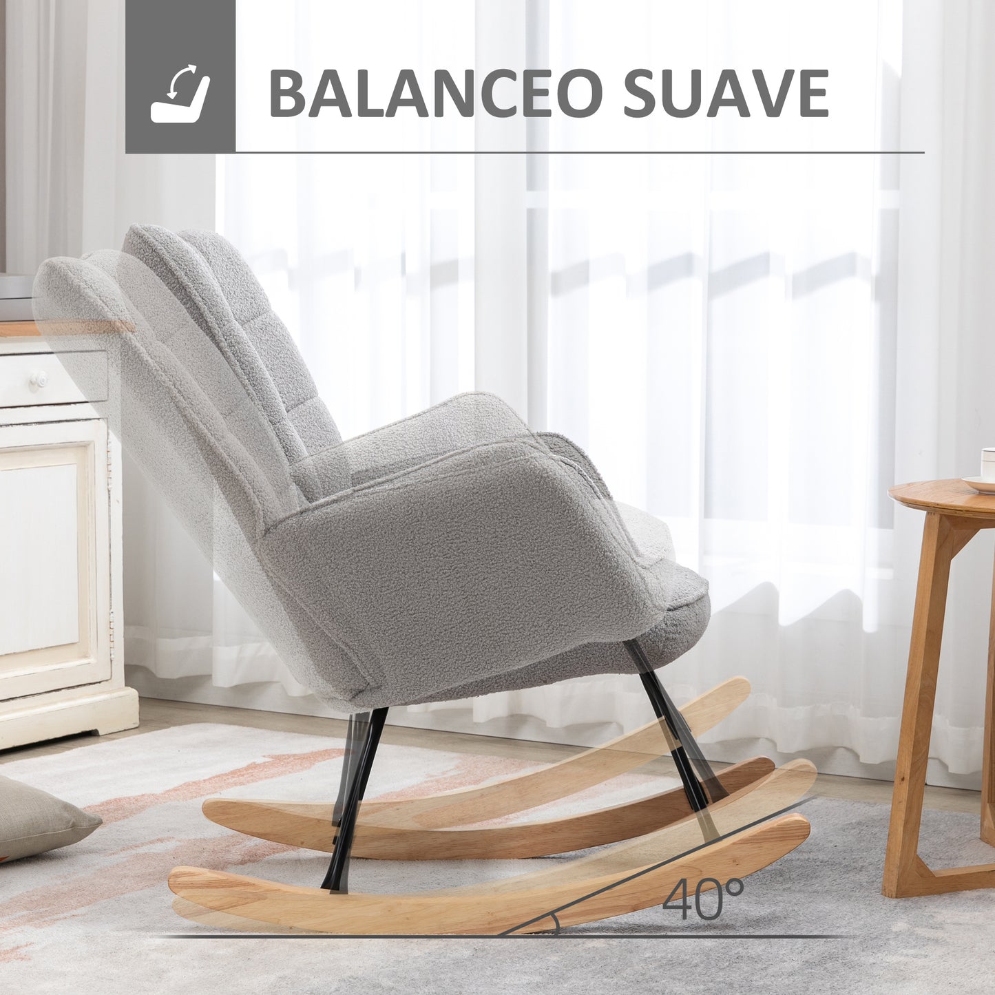 HOMCOM Silla Mecedora Sillón Balancín Butaca de Salón Oscilante 40° con Patas de Madera de Haya y Marco de Acero para Dormitorio Carga 120 kg 71x98x101 cm Gris