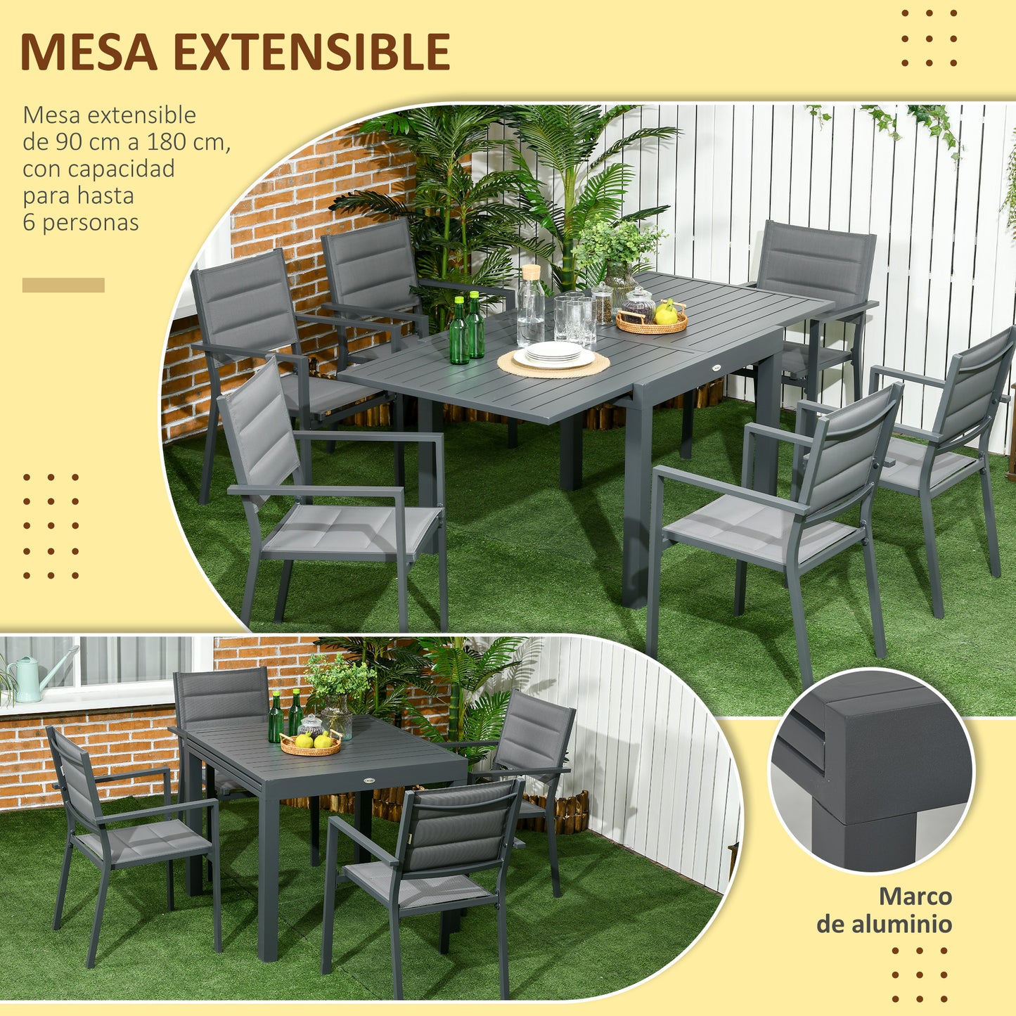 Outsunny Conjunto Muebles de Jardín 7 Piezas de Aluminio Juego de Comedor Exterior con Mesa Extensible y 6 Sillas Apilables y Asiento de Texteline 90-180x89x74 cm Gris