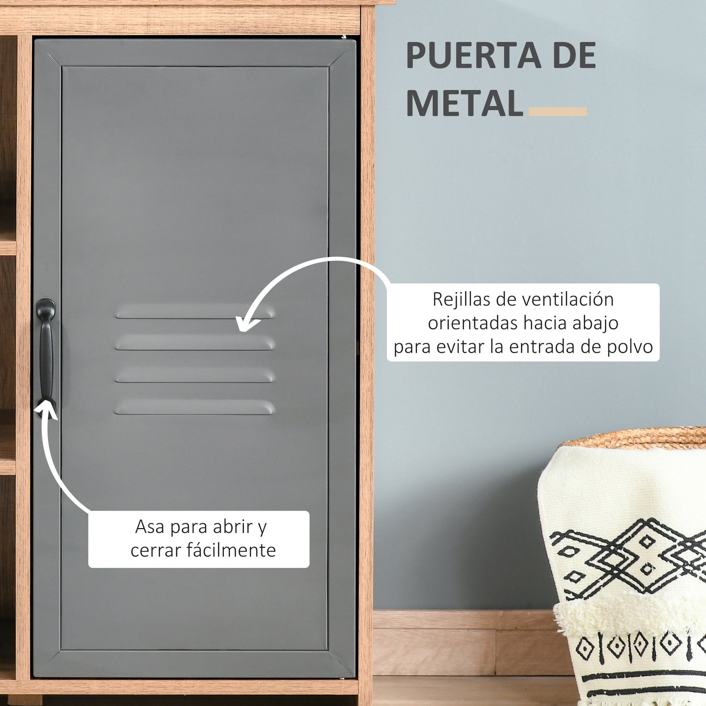 HOMCOM Aparador con Puerta de Metal Mueble Auxiliar con 3 Estantes Abiertos y Armario con Puerta y Balda Ajustable para Salón Cocina 80x35x82 cm Madera Natural