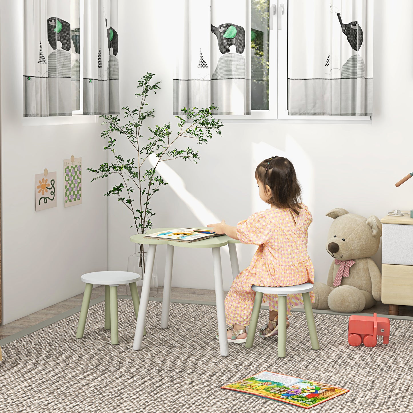 ZONEKIZ Juego de Mesa y 2 Sillas Infantiles Mesa con Sillas para Niños de 2-5 Años con Mesa en Forma de Flores Ø59x50 cm y Sillas Ø28x26 cm para Dormitorio Sala Blanco y Verde Pastel