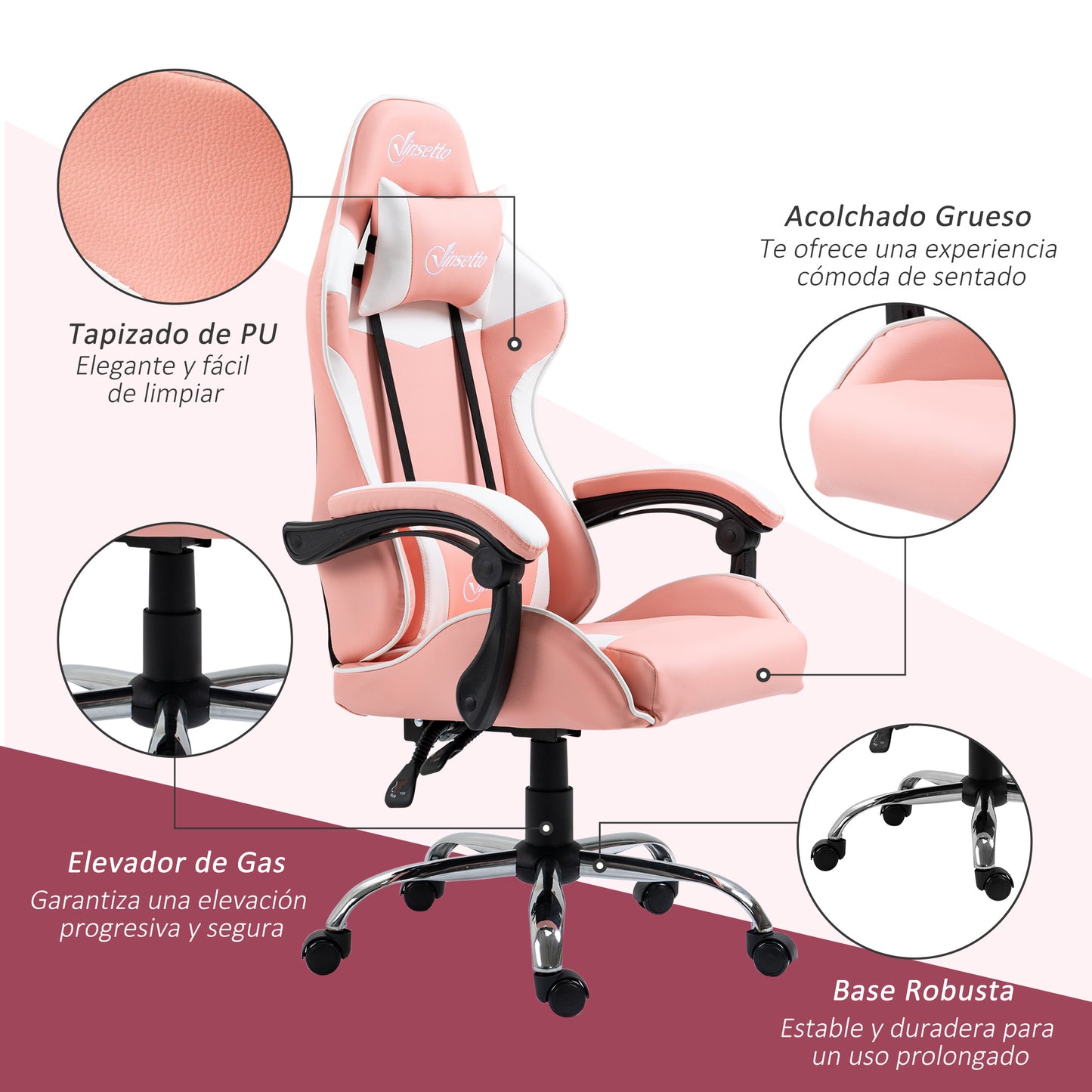 Vinsetto Silla Gaming Silla Gamer Racing Giratoria con Altura Ajustable Reclinable de 135° Reposacabezas y Cojín Lumbar para Oficina Estudio 63x67x122-130 cm Rosa