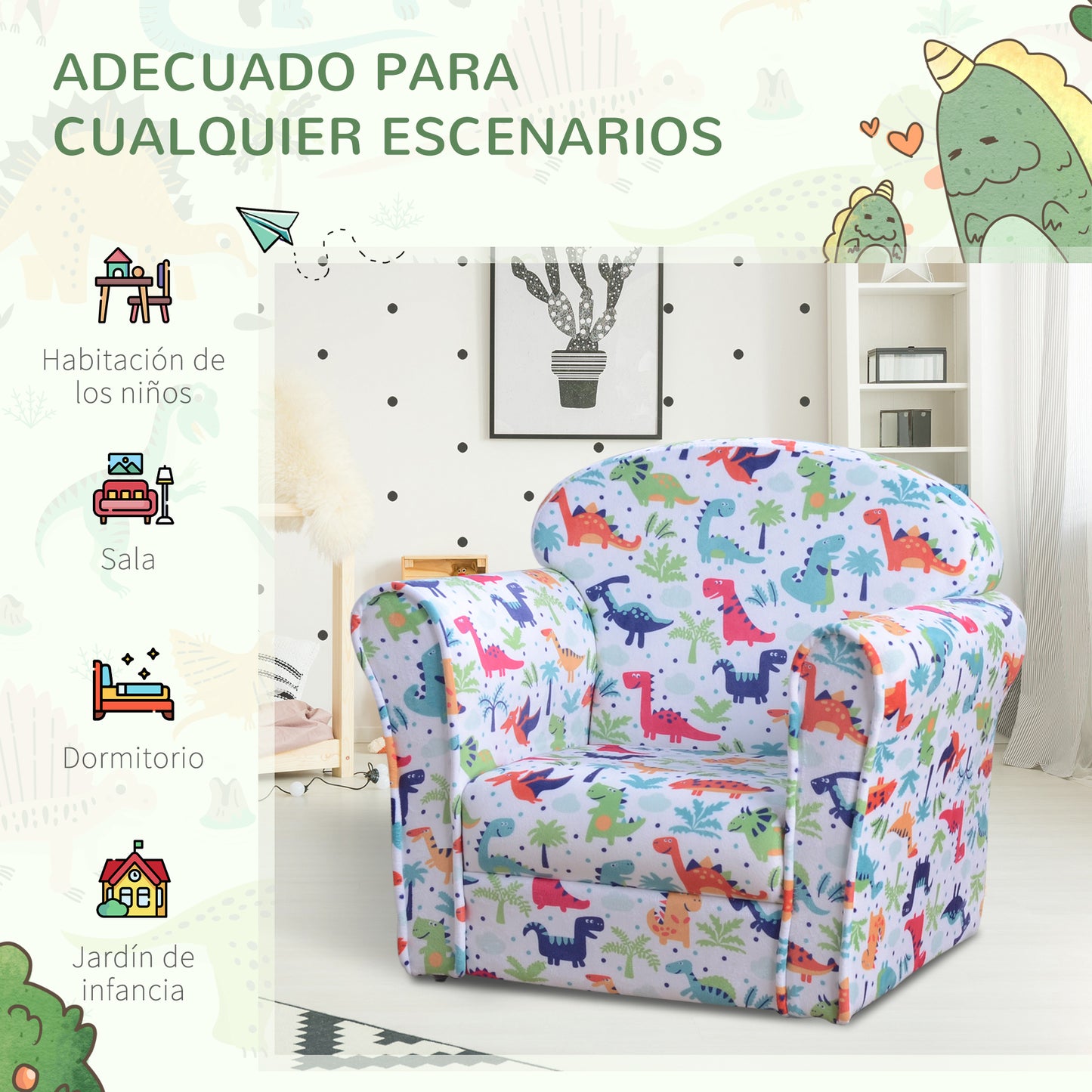 HOMCOM Sillón Infantil Sofá para Niños +18 Meses con Estampado de Dinosaurios Estructura de Madera Acolchado de Espuma y Tapizado de Franela 50x39x44 cm Multicolor