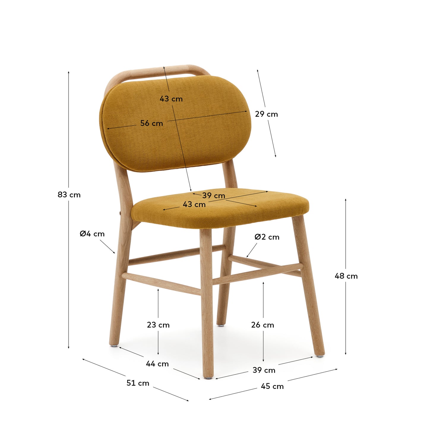 Silla Helda de chenilla mostaza y madera maciza de roble