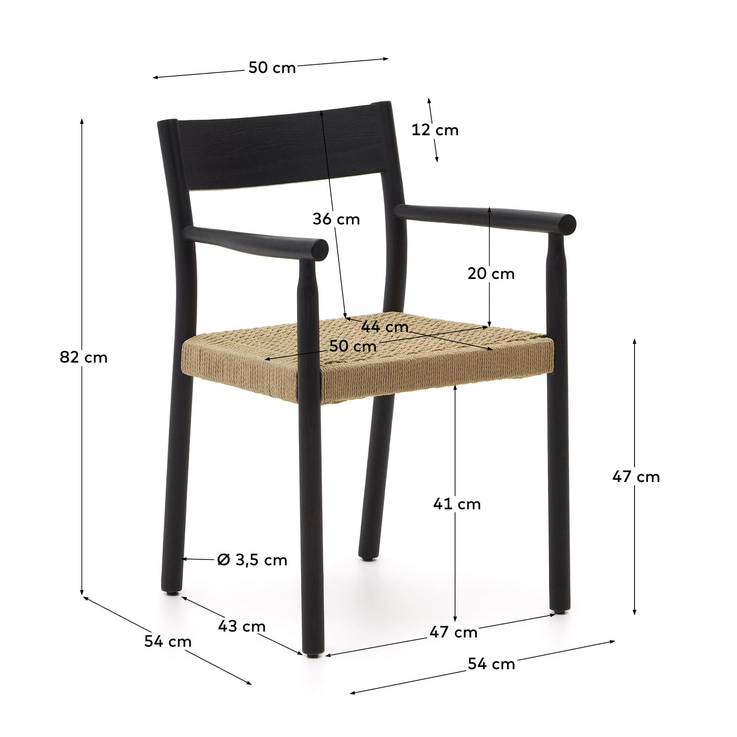 Silla Yalia de madera maciza de roble con acabado negro y asiento de cuerda FSC 100%