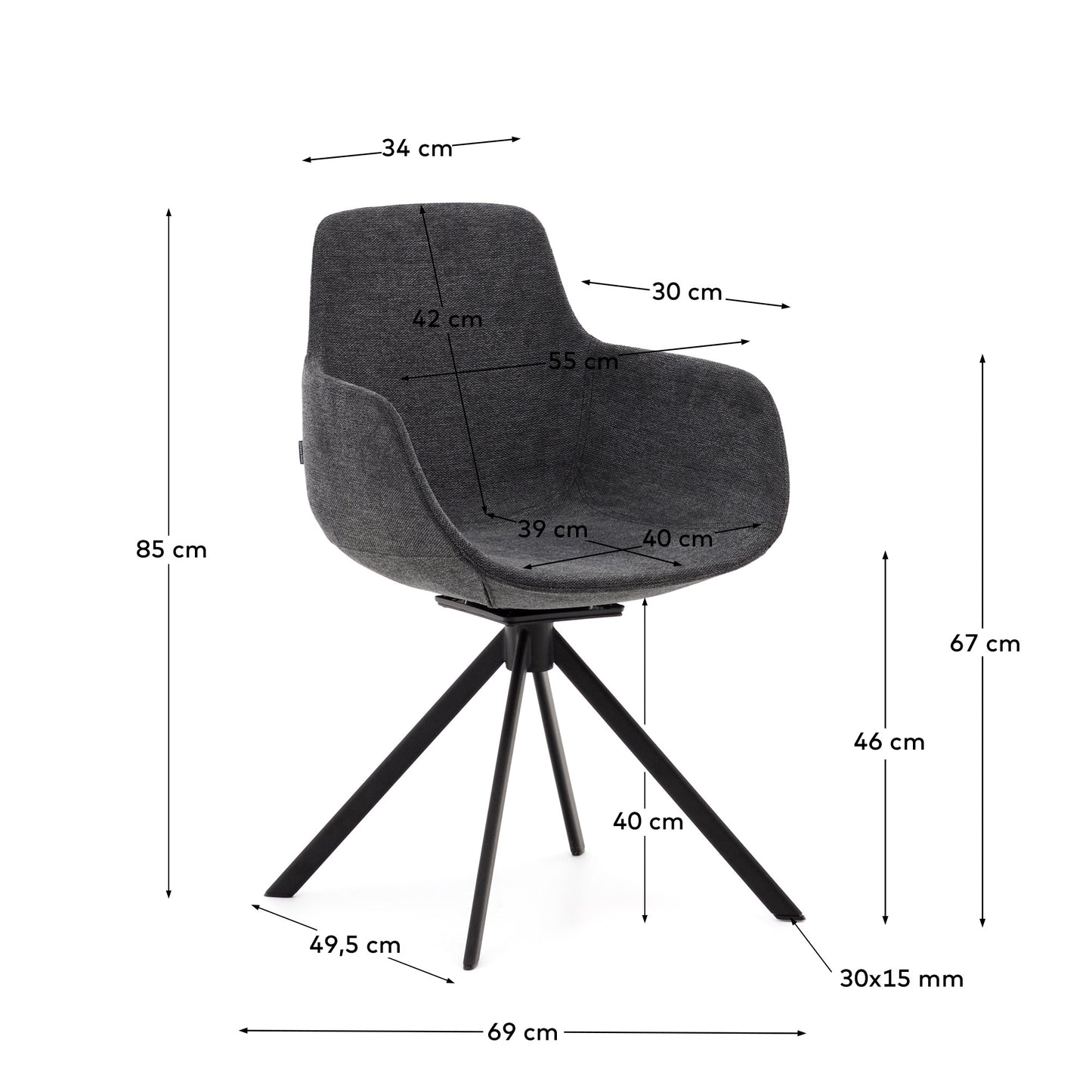 Silla giratoria autoretorno Tissiana chenilla gris oscuro y acero negro mate