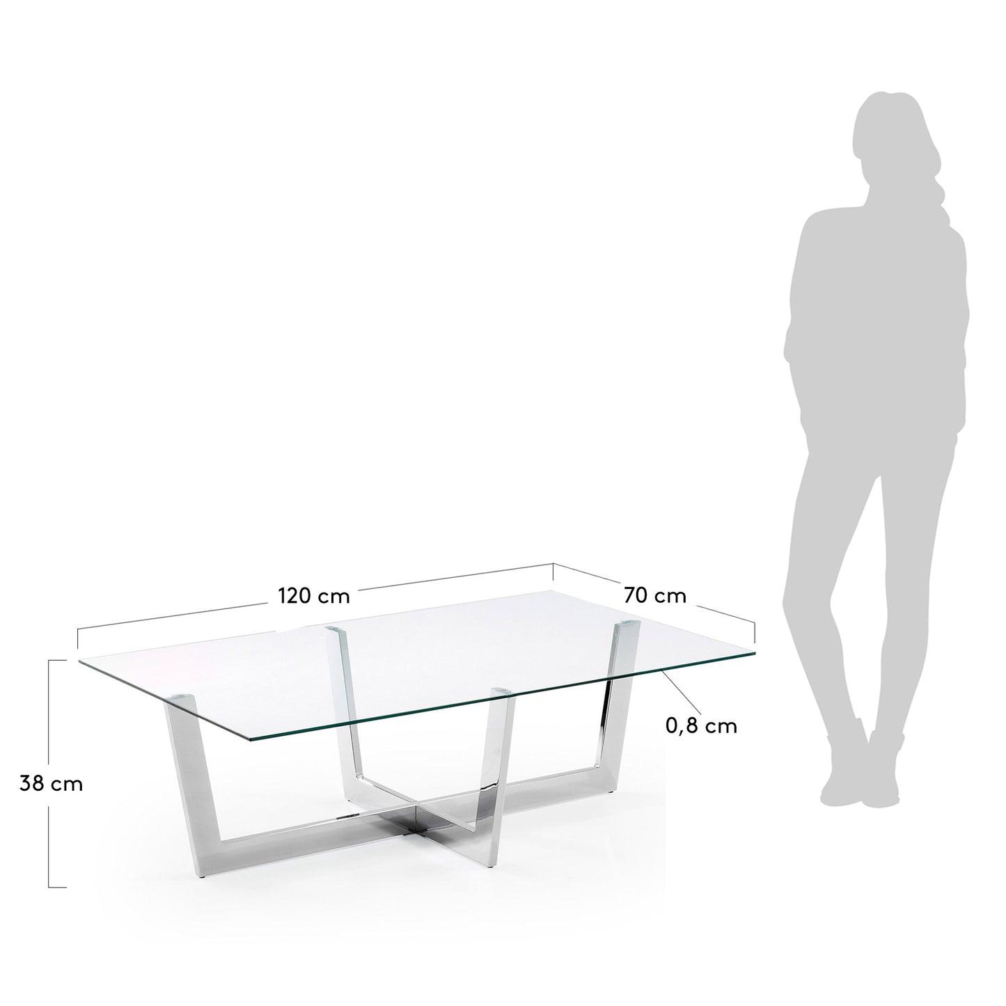 Mesa de centro Plam cristal transparente y estructura de acero acabado cromado 120 x 70 cm