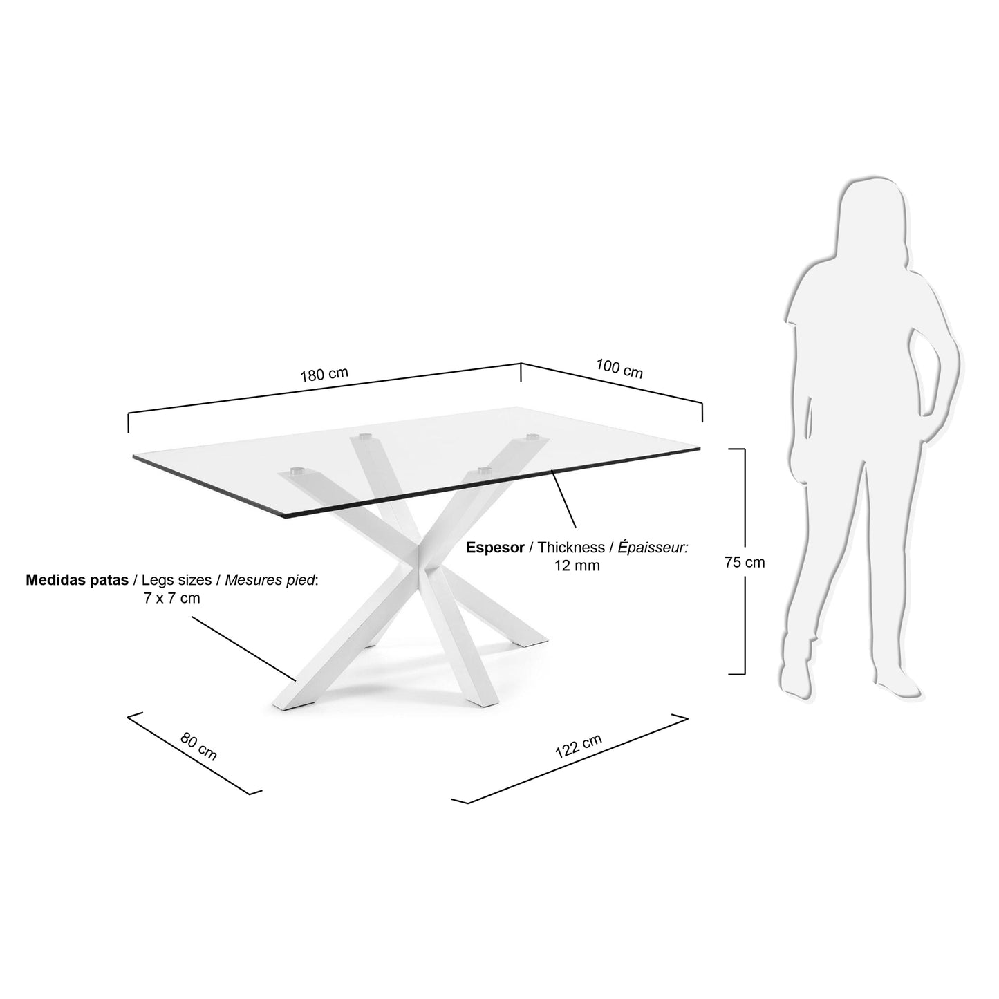 Mesa Argo de cristal y patas de acero con acabado blanco 180 x 100 cm