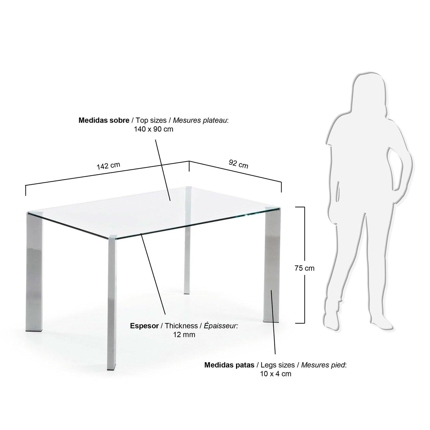 Mesa Spot de cristal y patas de acero acabado cromado 142 x 92 cm