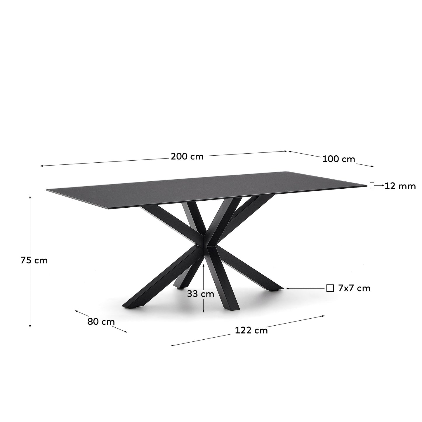 Mesa Argo de cristal negro y patas de acero con acabado negro 200x100 cm