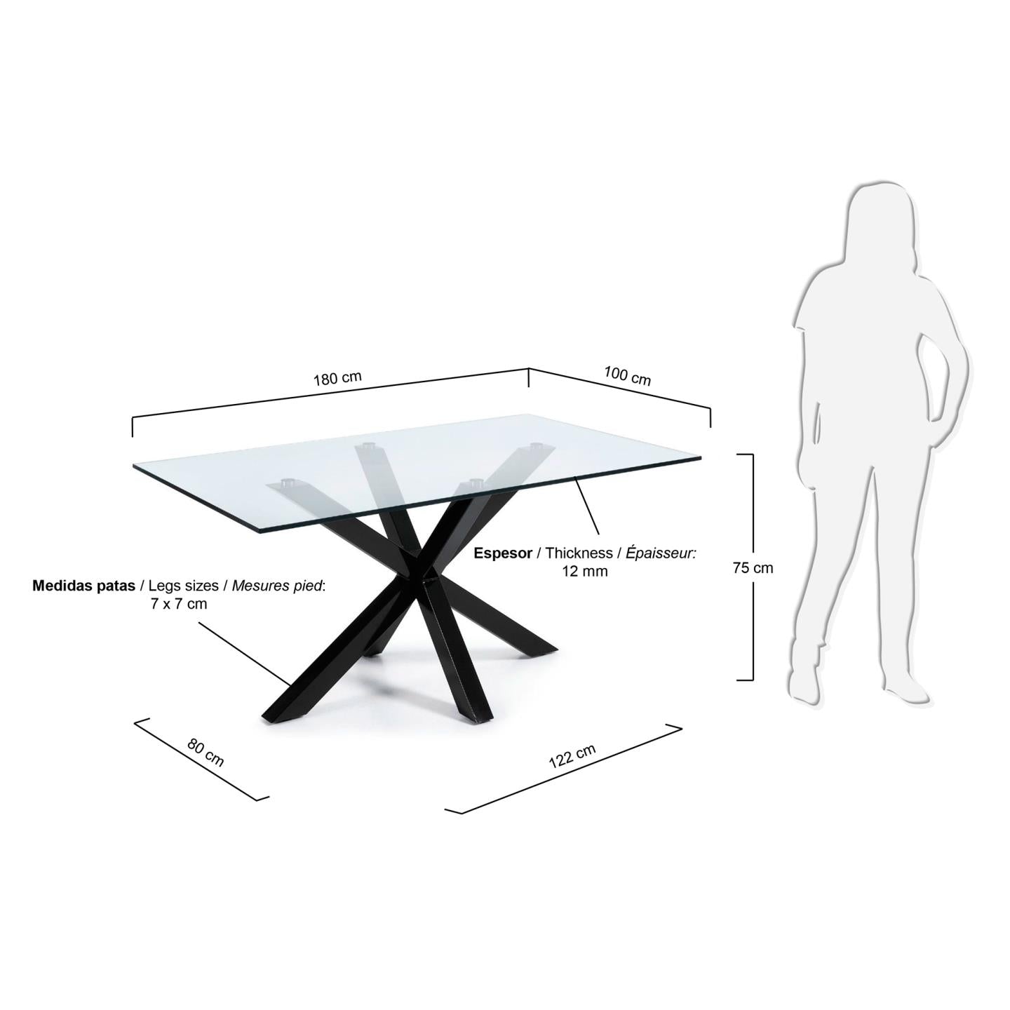 Mesa Argo de cristal y patas de acero acabado negro 180 x 100 cm