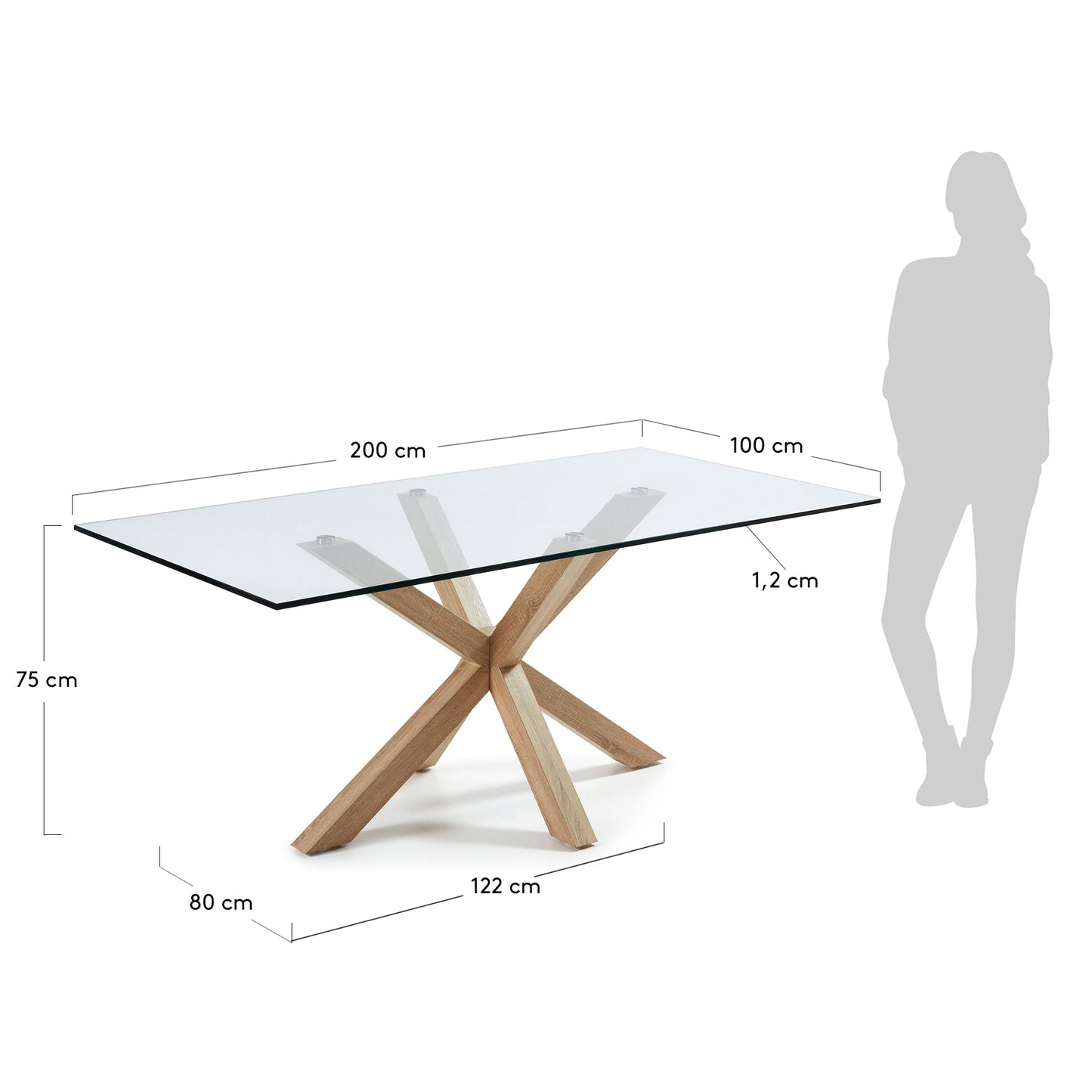 Mesa Argo de cristal y patas de acero efecto madera  200 x 100 cm