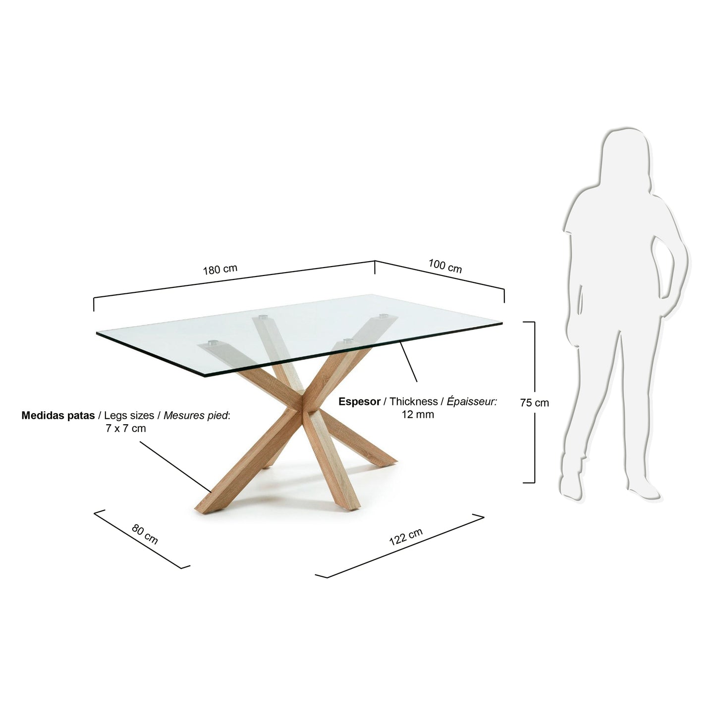 Mesa Argo de cristal y patas de acero efecto madera 180 x 100 cm