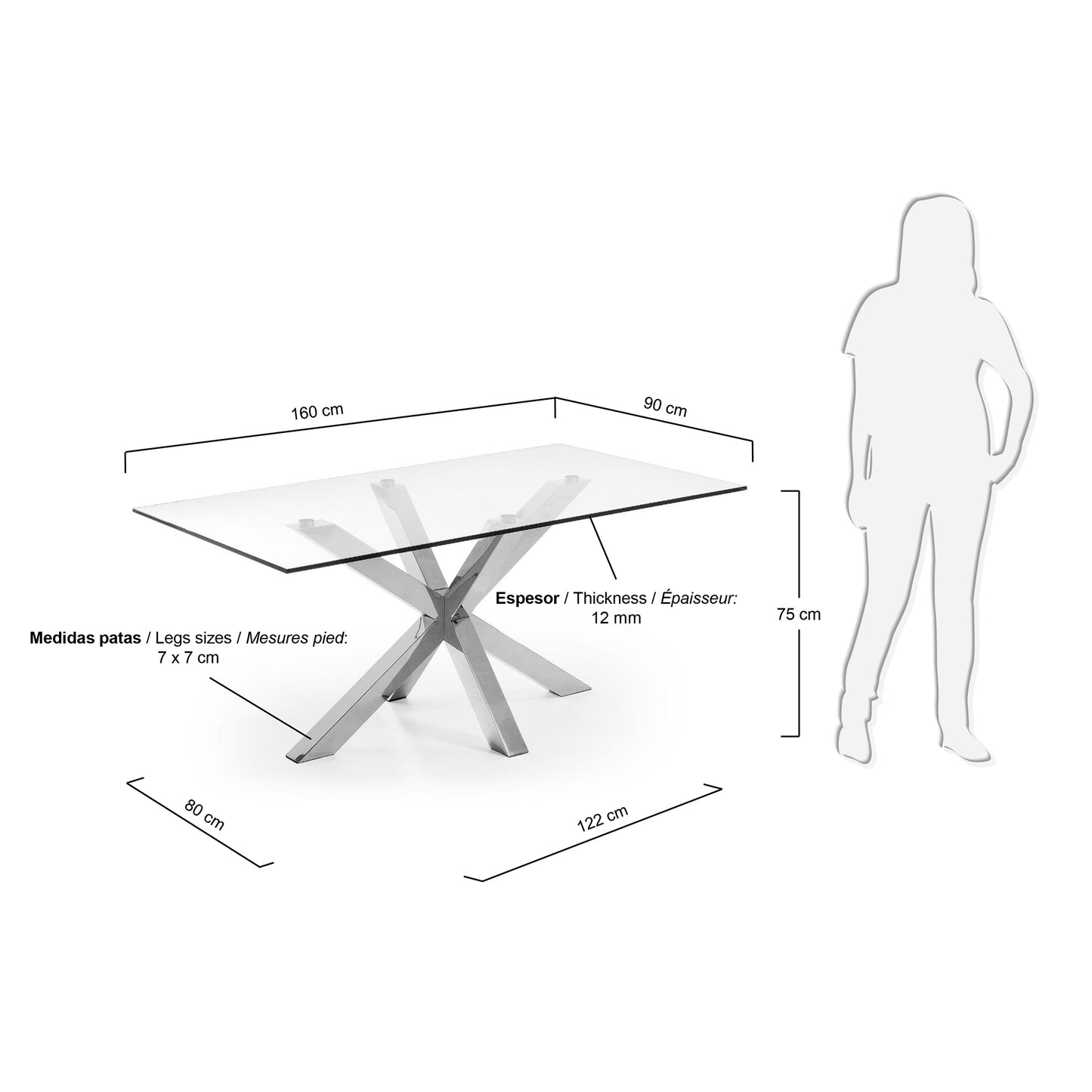 Mesa Argo de cristal y patas de acero inoxidable 160 x 90 cm