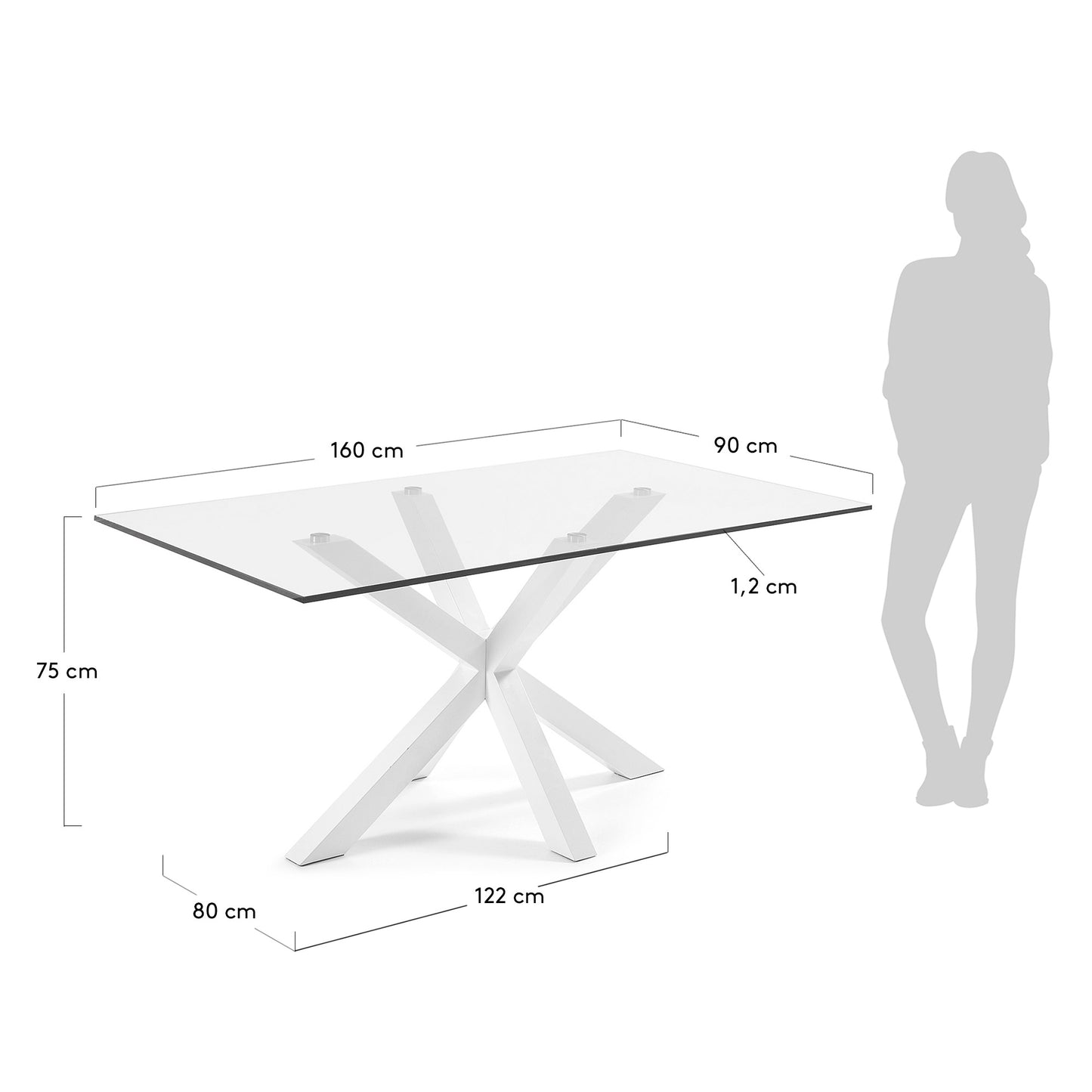 Mesa Argo de cristal y patas de acero acabado blanco 160 x 90 cm