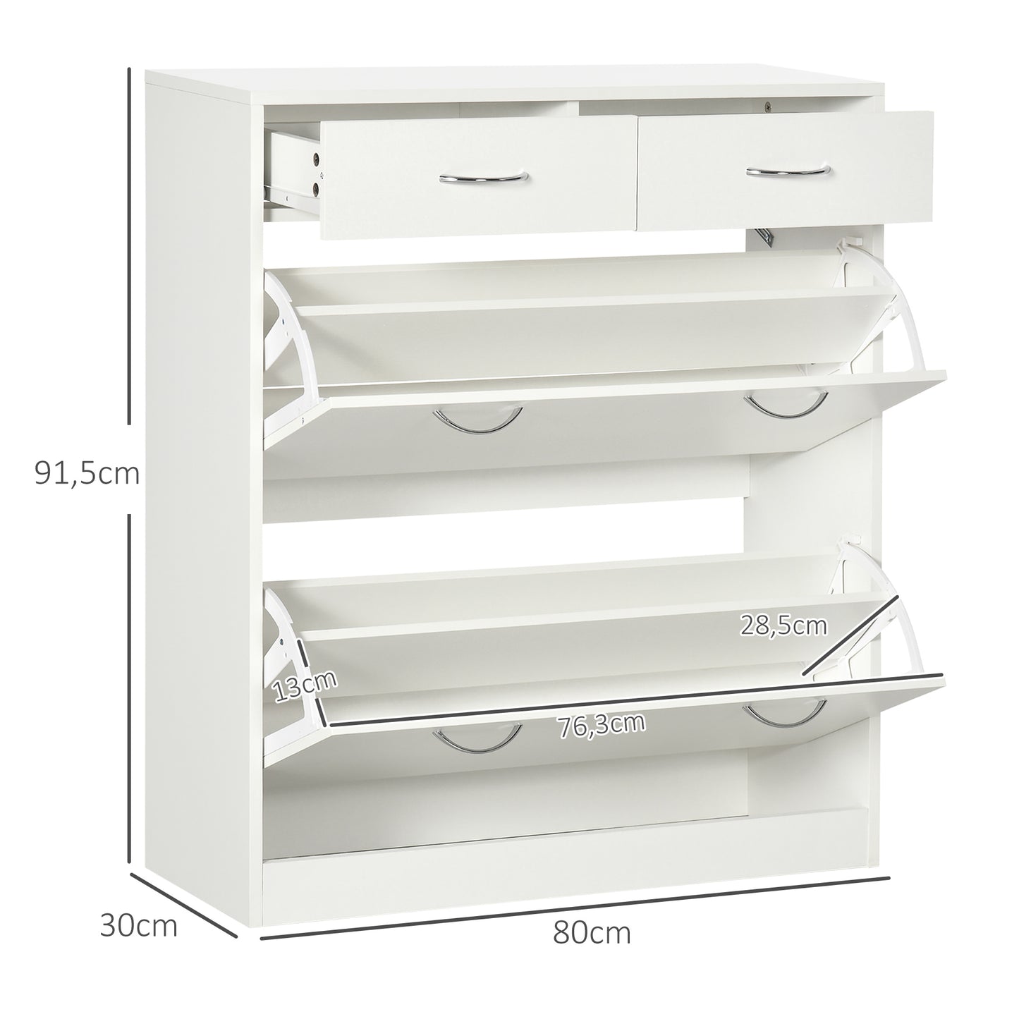 HOMCOM Armario de Zapatos Mueble Zapatero Estrecho con 2 Cajones Abatibles y 2 Cajones Extraíbles para 12 Pares de Zapatos para Salón Entrada Pasillo 80x30x91,5 cm Blanco