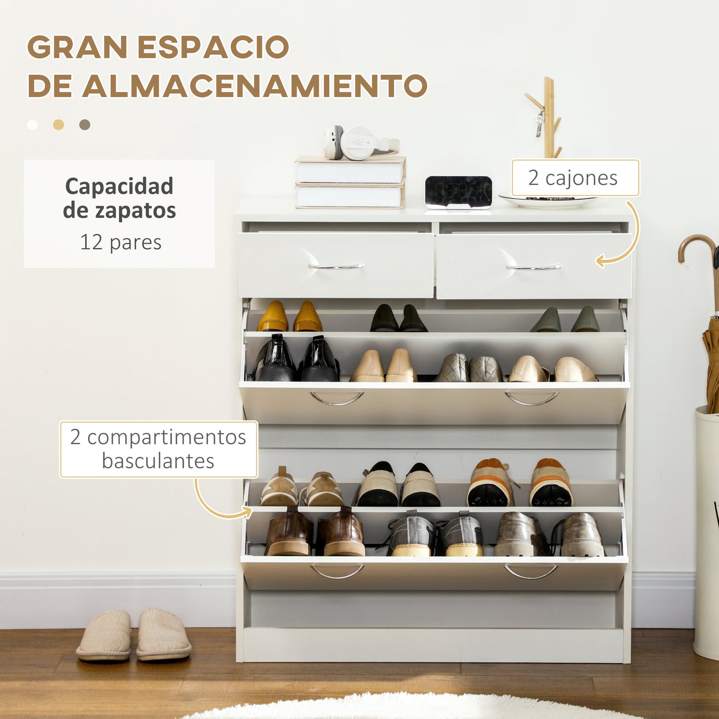 HOMCOM Armario de Zapatos Mueble Zapatero Estrecho con 2 Cajones Abatibles y 2 Cajones Extraíbles para 12 Pares de Zapatos para Salón Entrada Pasillo 80x30x91,5 cm Blanco