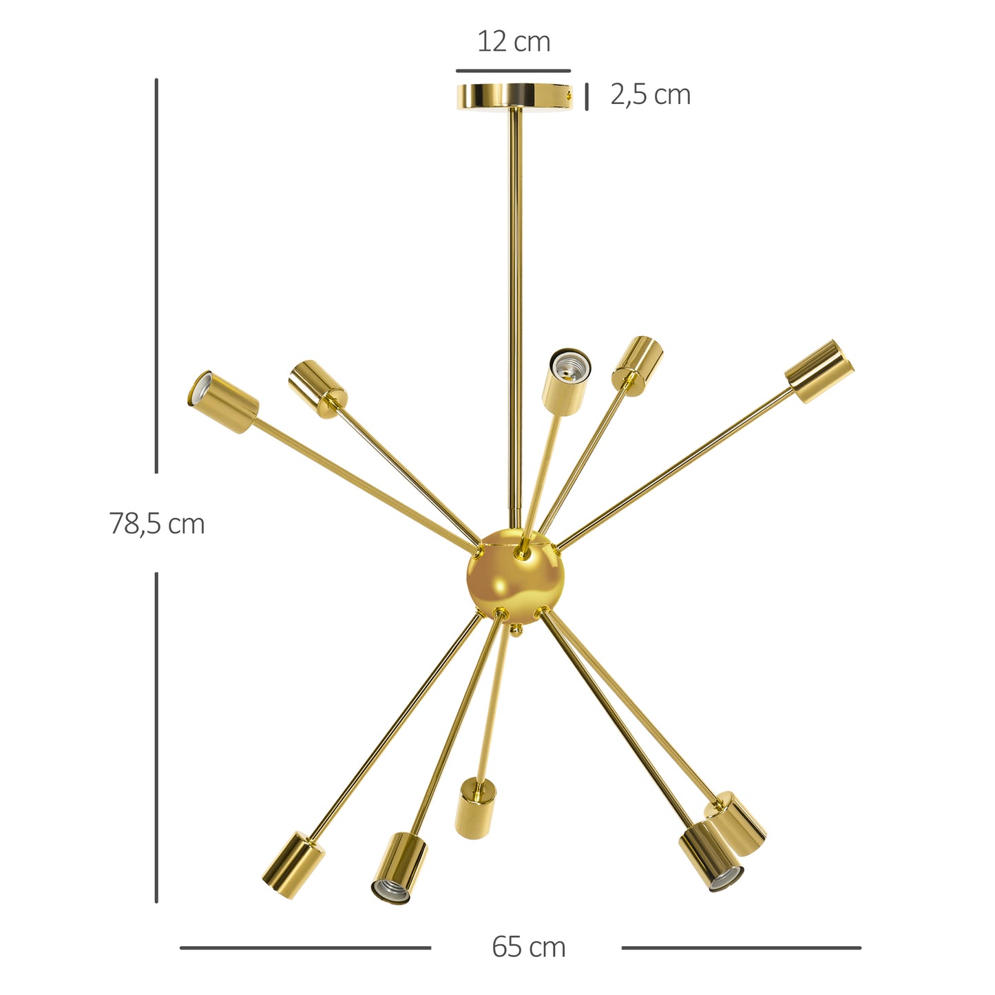 HOMCOM Lámpara Colgante Moderno Tipo de Araña Satélite Lámparas de Techo de Metal Casquillo E27 Máx. 25W para Salón Dormitorio Cocina 65x65x74 cm Dorado