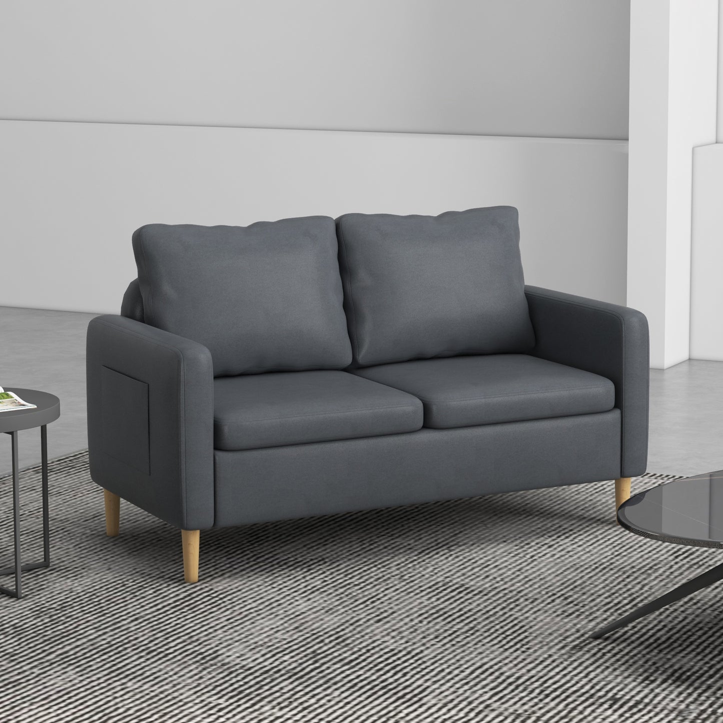 HOMCOM Sofá de 2 Plazas Sillón Moderno Tapizado en Poliéster con 2 Bolsillos Laterales Reposabrazos y Patas de Madera para Dormitorio Oficina Carga 200 kg 143x76x83 cm Gris