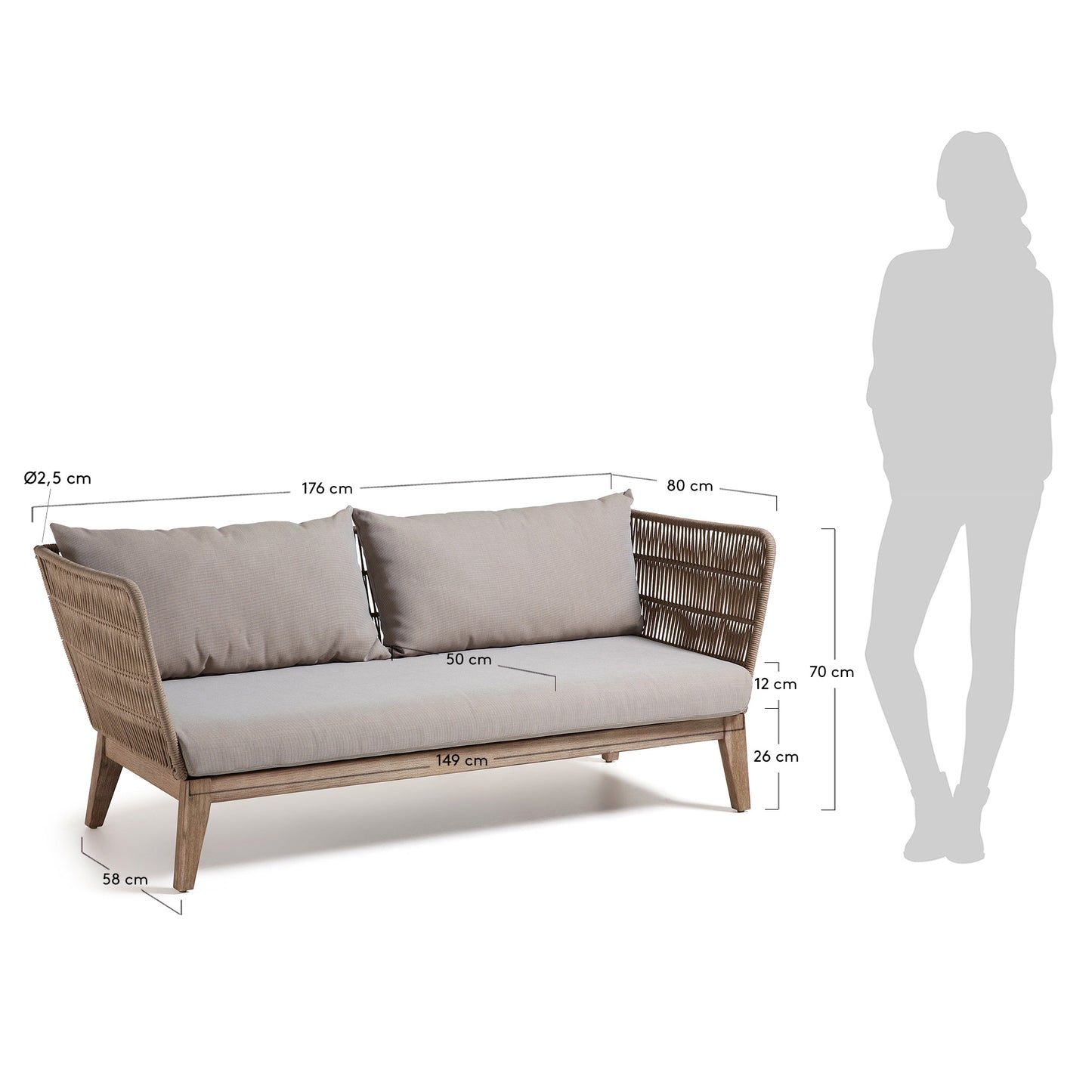 Sofá Belleny 3 plazas cuerda beige y madera maciza de acacia 176 cm FSC 100%