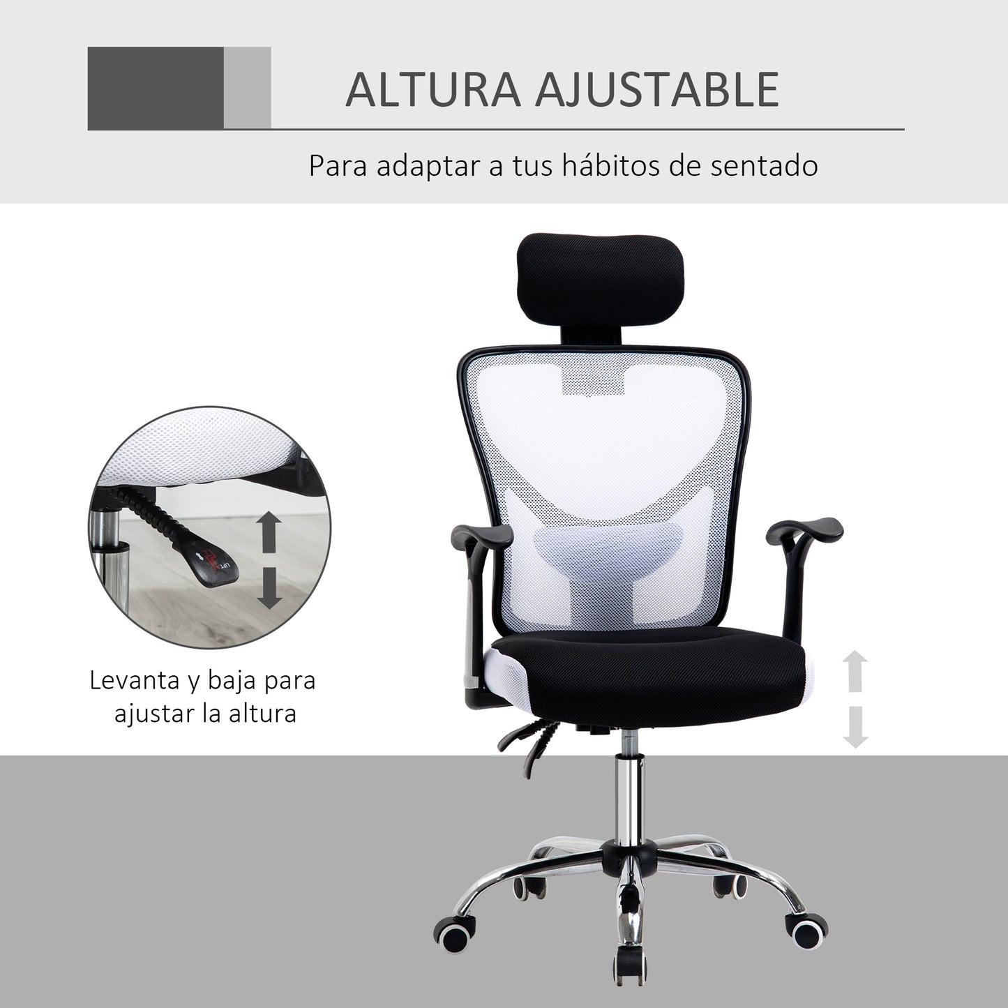 Vinsetto Silla de Oficina Ergonómica Silla Escritorio Giratoria con Altura Ajustable Función Reclinable Reposacabezas Regulable y Soporte Lumbar 62x67x108-118 cm Blanco