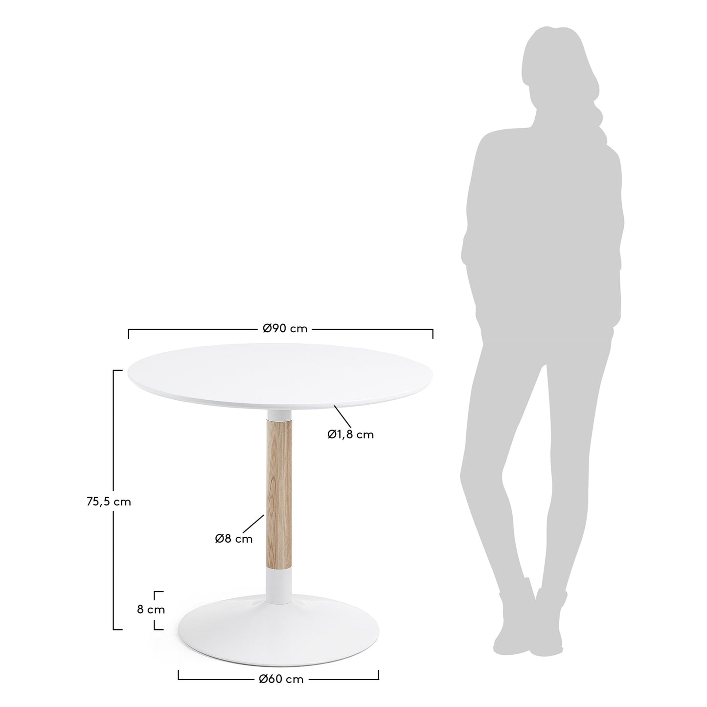 Mesa redonda Trick Ø 90 cm lacado blanco pie madera maciza fresno y acero acabado blanco