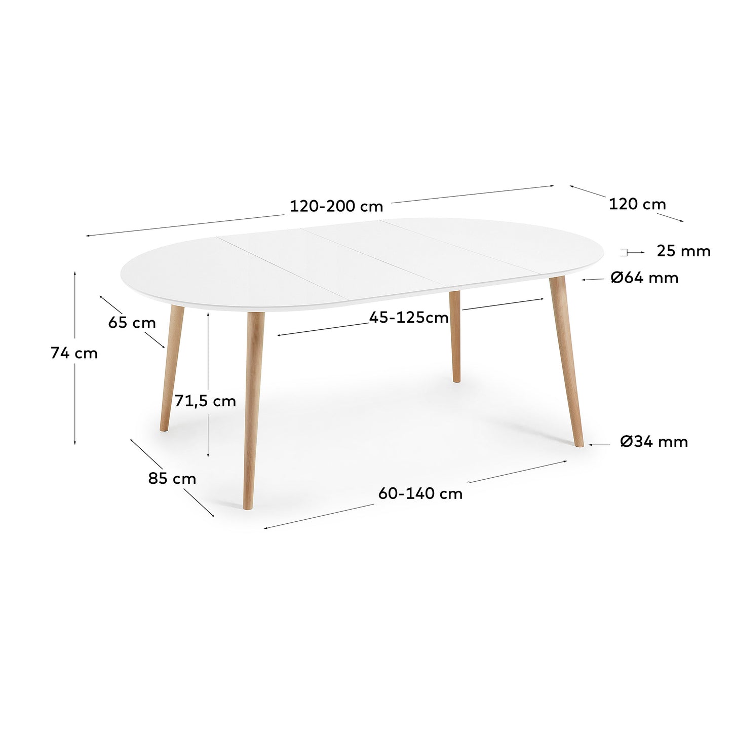 Mesa extensible redonda Oqui MDF lacado blanco y patas madera maciza haya 120(200)x120 cm