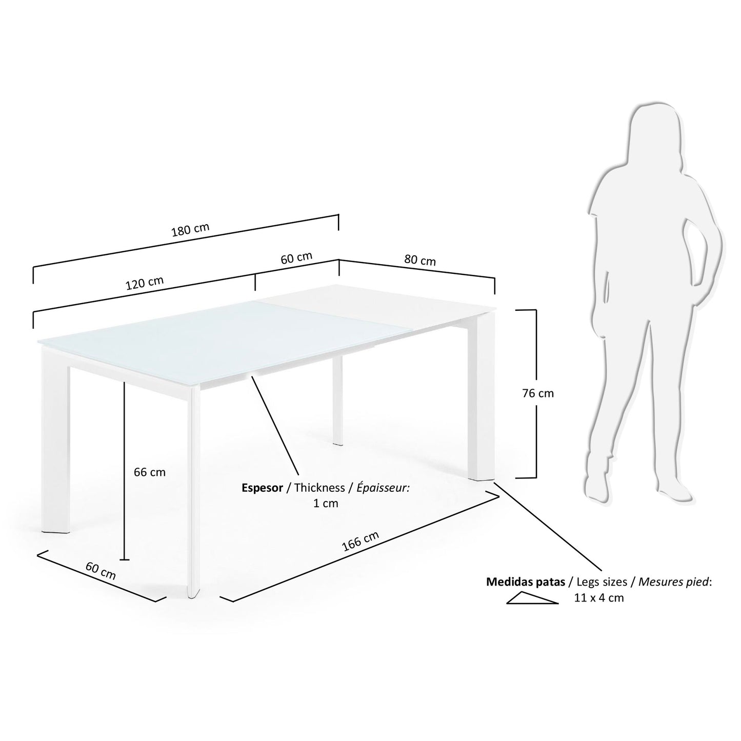 Mesa extensible Axis de cristal blanco y patas de acero acabado blanco 120 (180) cm