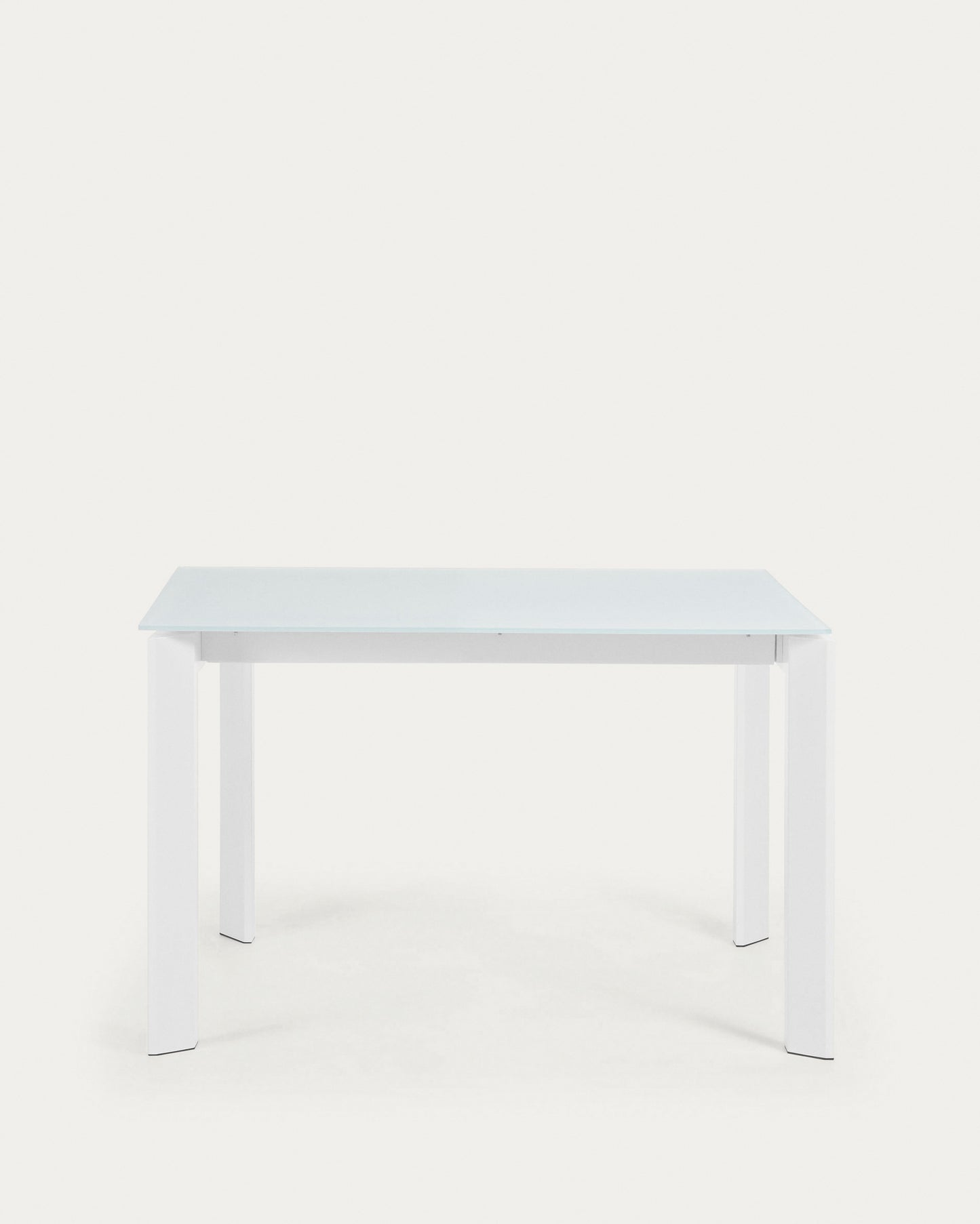 Mesa extensible Axis de cristal blanco y patas de acero acabado blanco 120 (180) cm