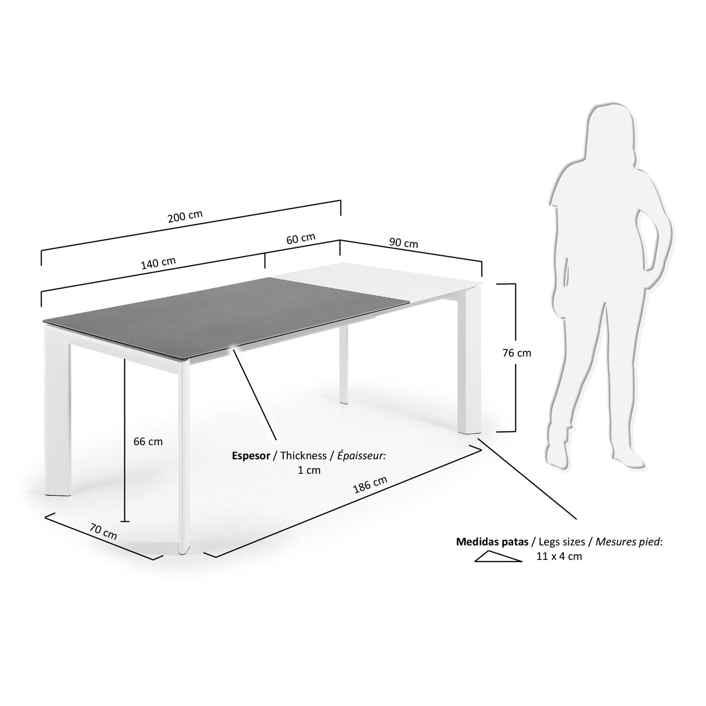 Mesa extensible Axis porcelánico acabado Vulcano Roca y patas acero blanco 140 (200) cm