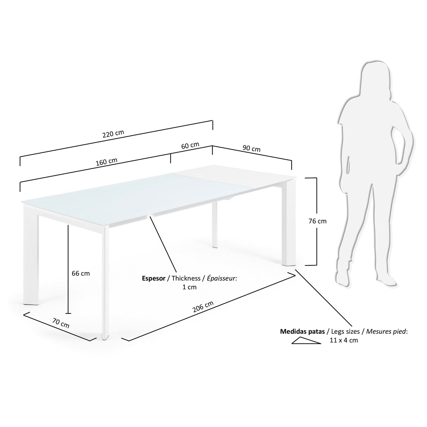 Mesa extensible Axis de cristal blanco y patas de acero acabado blanco 160 (220) cm