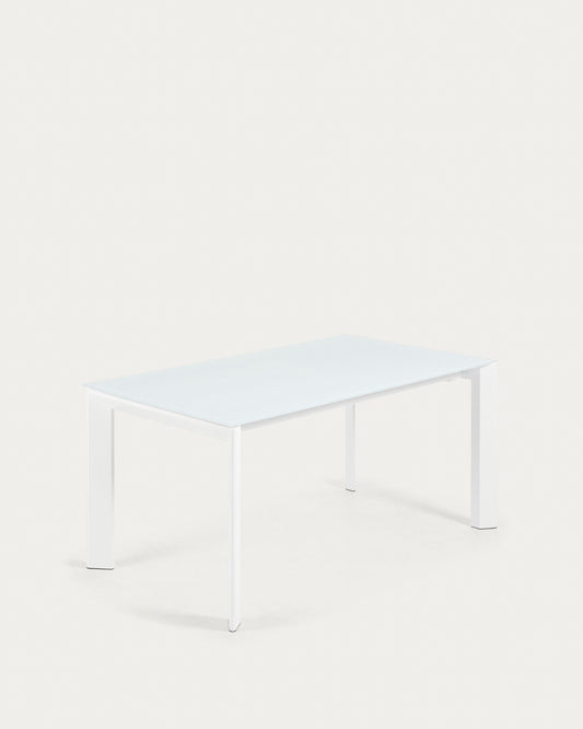 Mesa extensible Axis de cristal blanco y patas de acero acabado blanco 160 (220) cm
