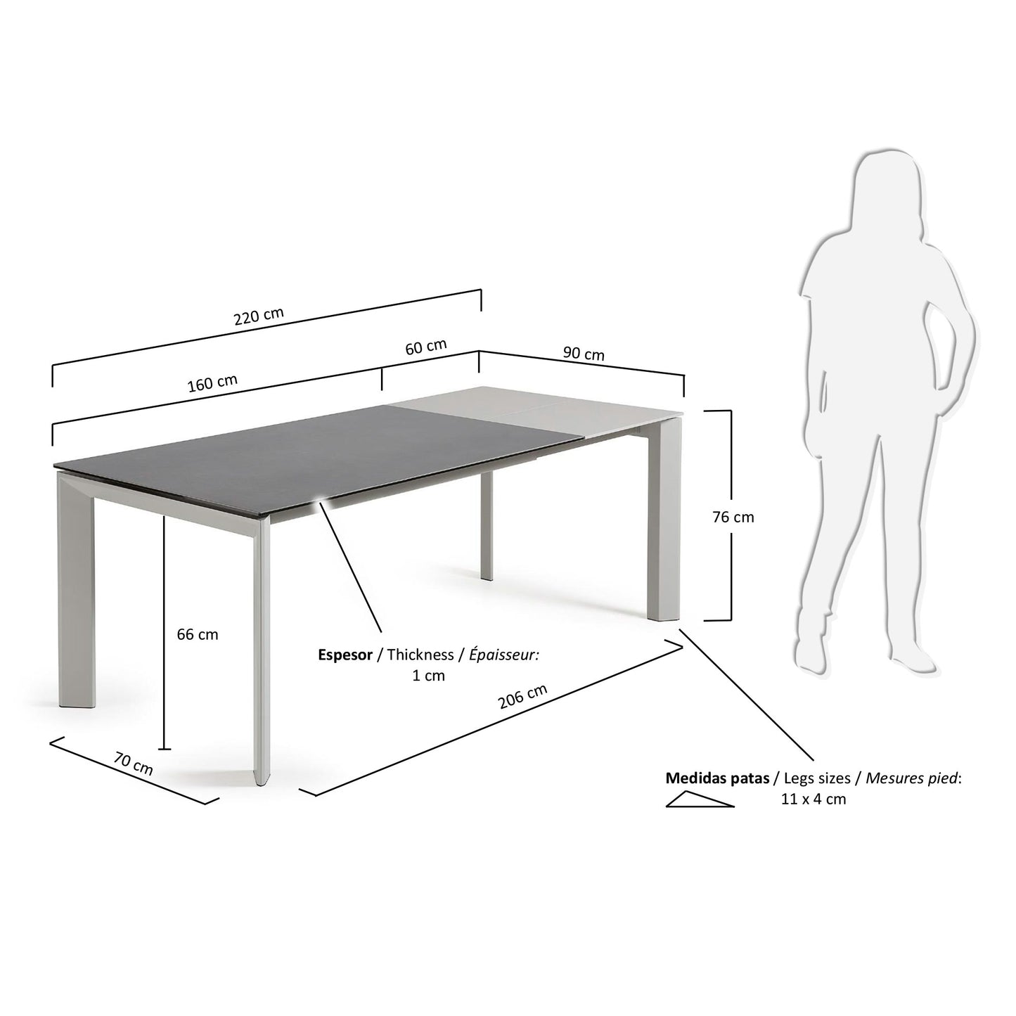 Mesa extensible Axis porcelánico acabado Vulcano Roca patas gris 160 (220) cm