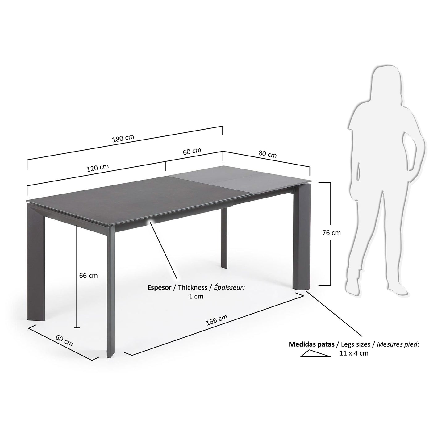 Mesa extensible Axis porcelánico acabado Vulcano Roca patas acero gris oscuro 120 (180) cm