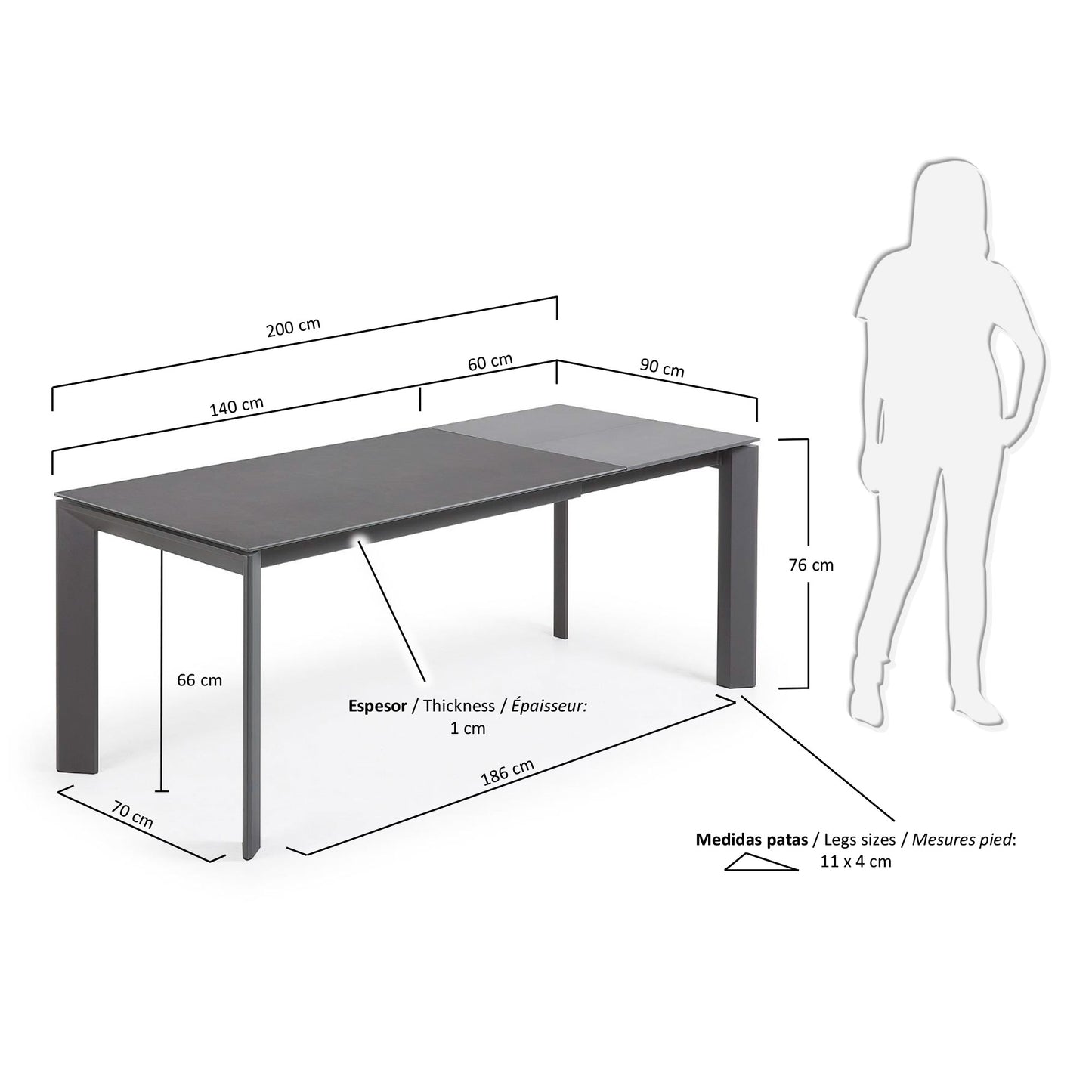 Mesa extensible Axis porcelánico acabado Vulcano Roca patas acero gris oscuro 140 (200) cm