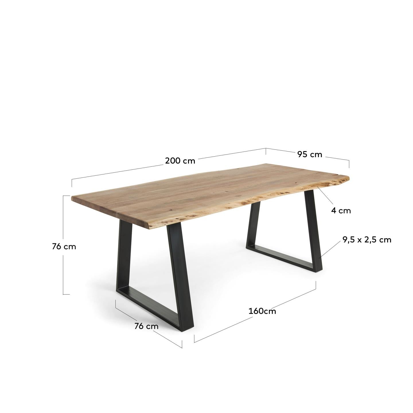 Mesa Alaia de madera maciza de acacia y patas de acero negro 200 x 95 cm