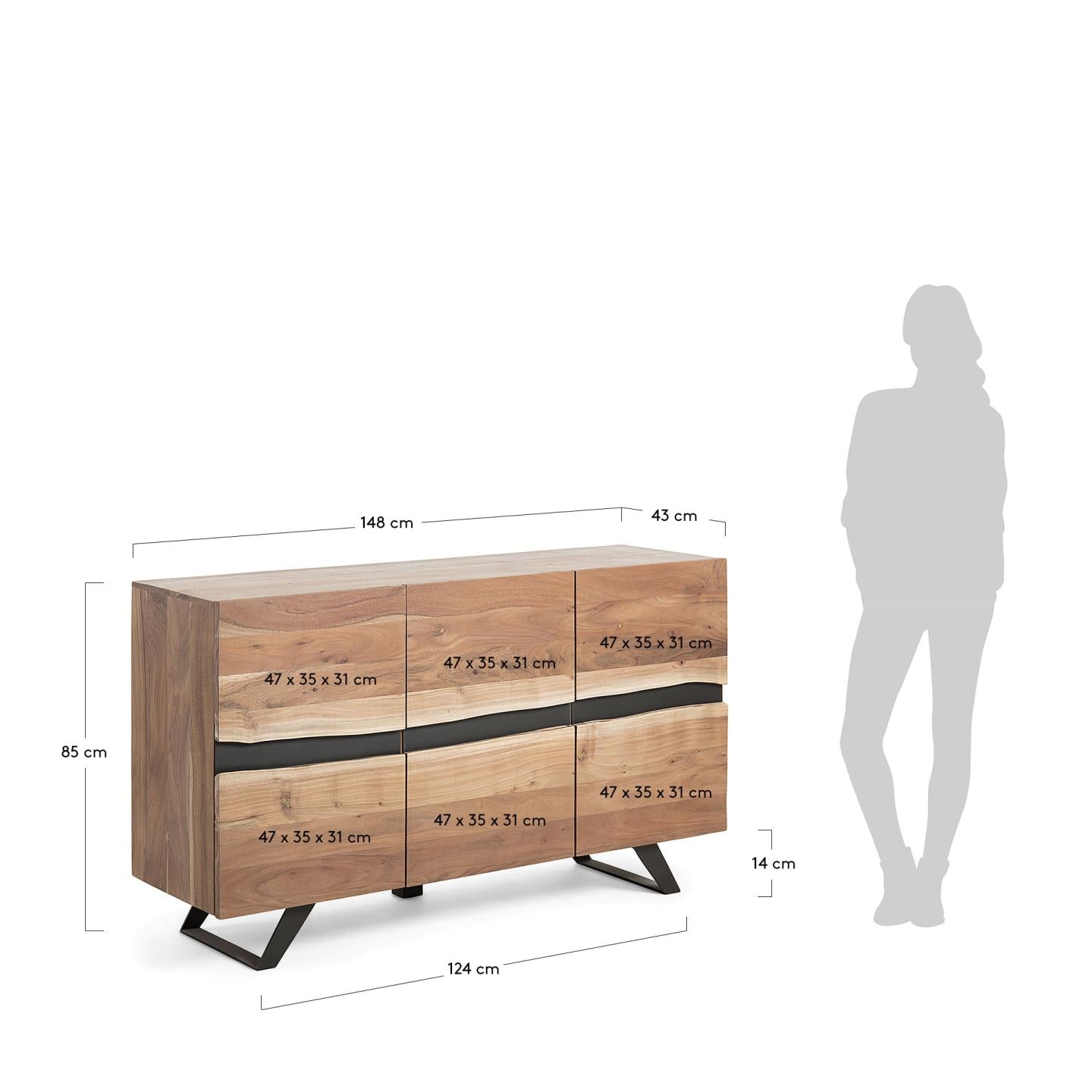 Aparador Uxia 3 puertas de madera maciza de acacia y acero pintado negro 148 x 85 cm