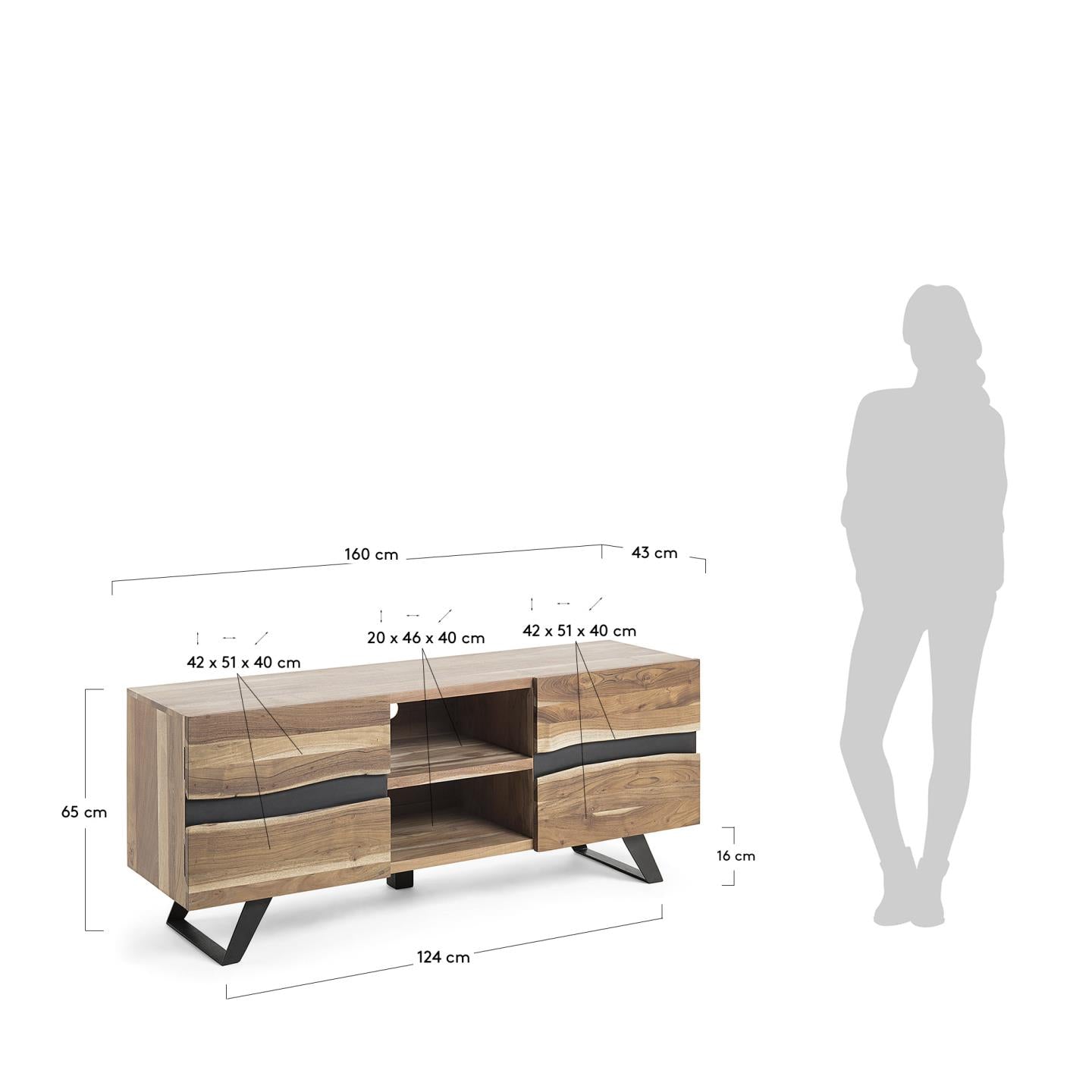 Mueble TV Uxia 2 puertas de madera maciza de acacia y acero acabado negro 160 x 65 cm