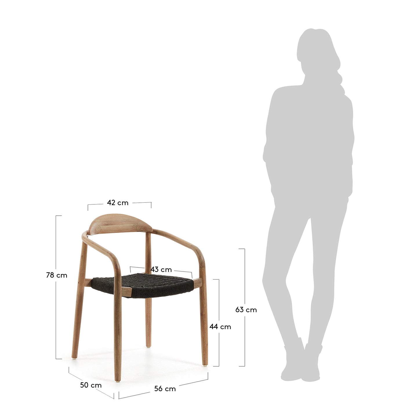 Silla apilable Nina de madera maciza acacia y cuerda negro FSC 100%