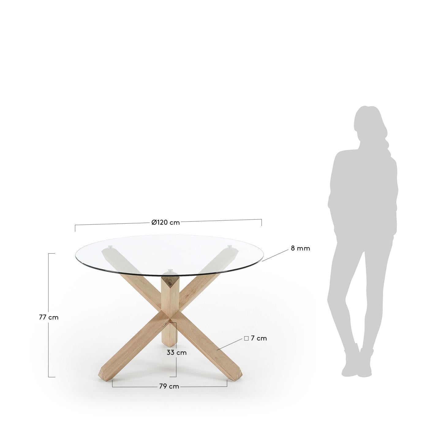 Mesa redonda Lotus de cristal y patas de madera maciza de roble Ø 120 cm