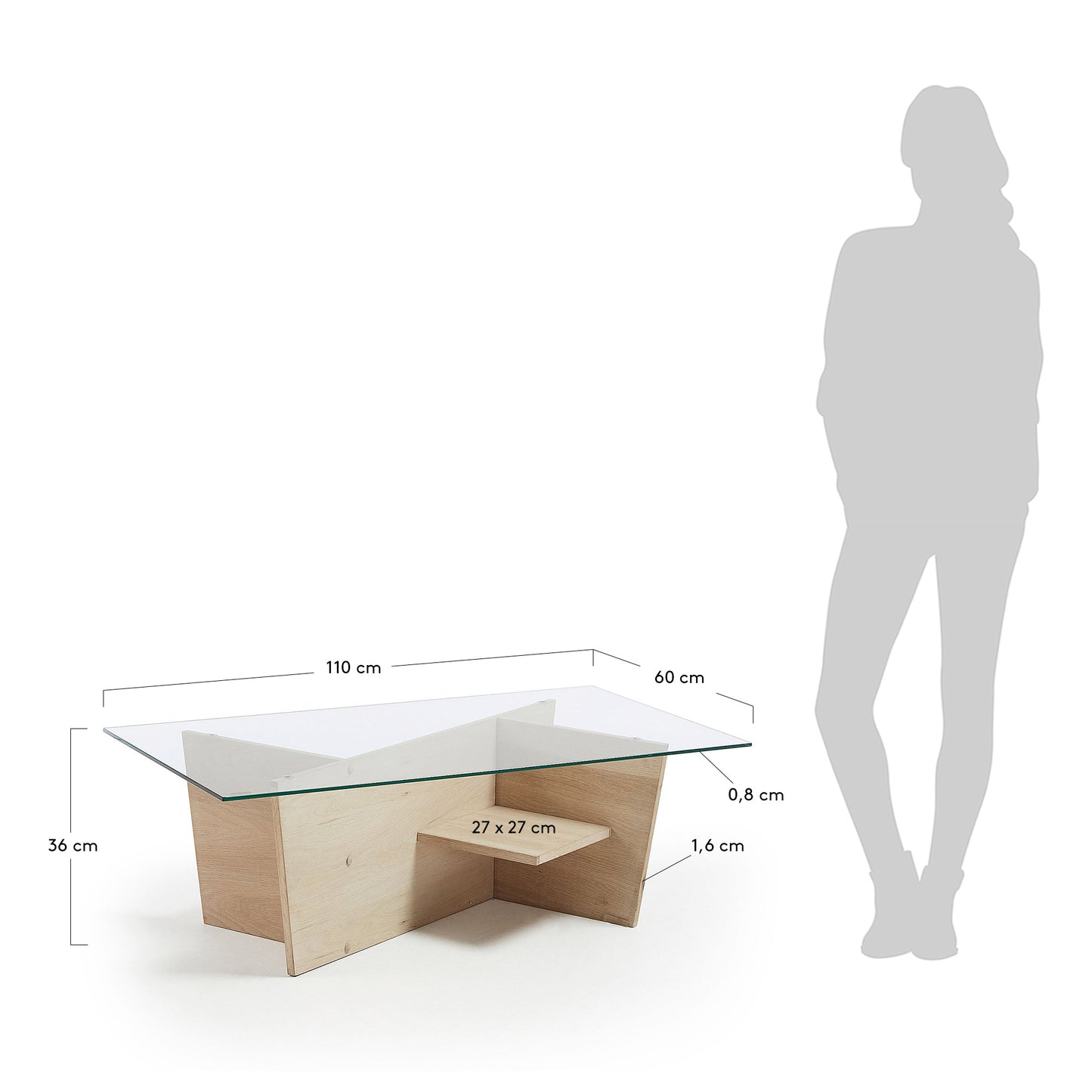 Mesa centro Balwind cristal y base de madera 110 x 60 cm